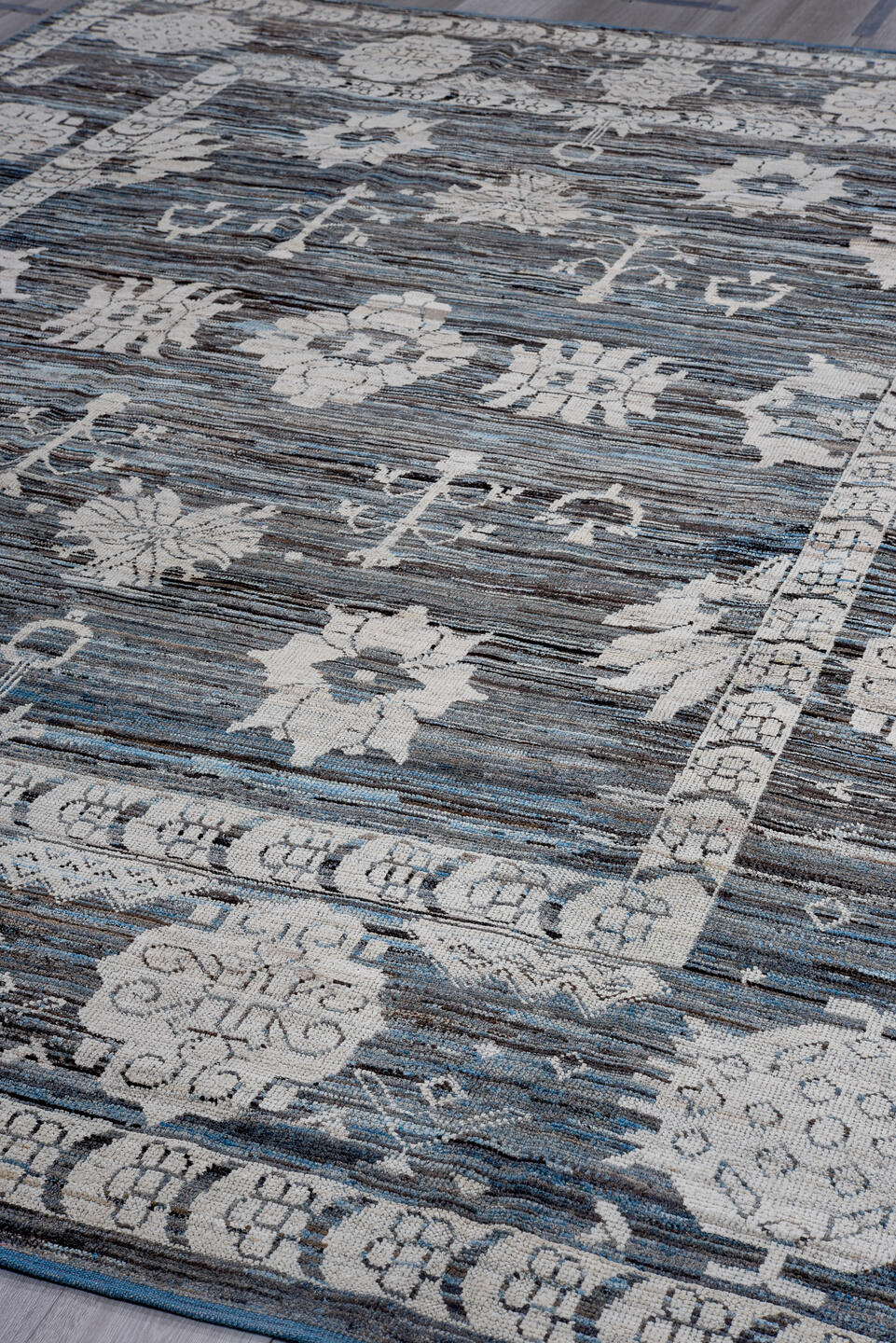 9' x 12' one-of-a-kind handmade vintage Oushak large size rug. Color palette: charcoal, ivory, slate, indigo, steel blue
