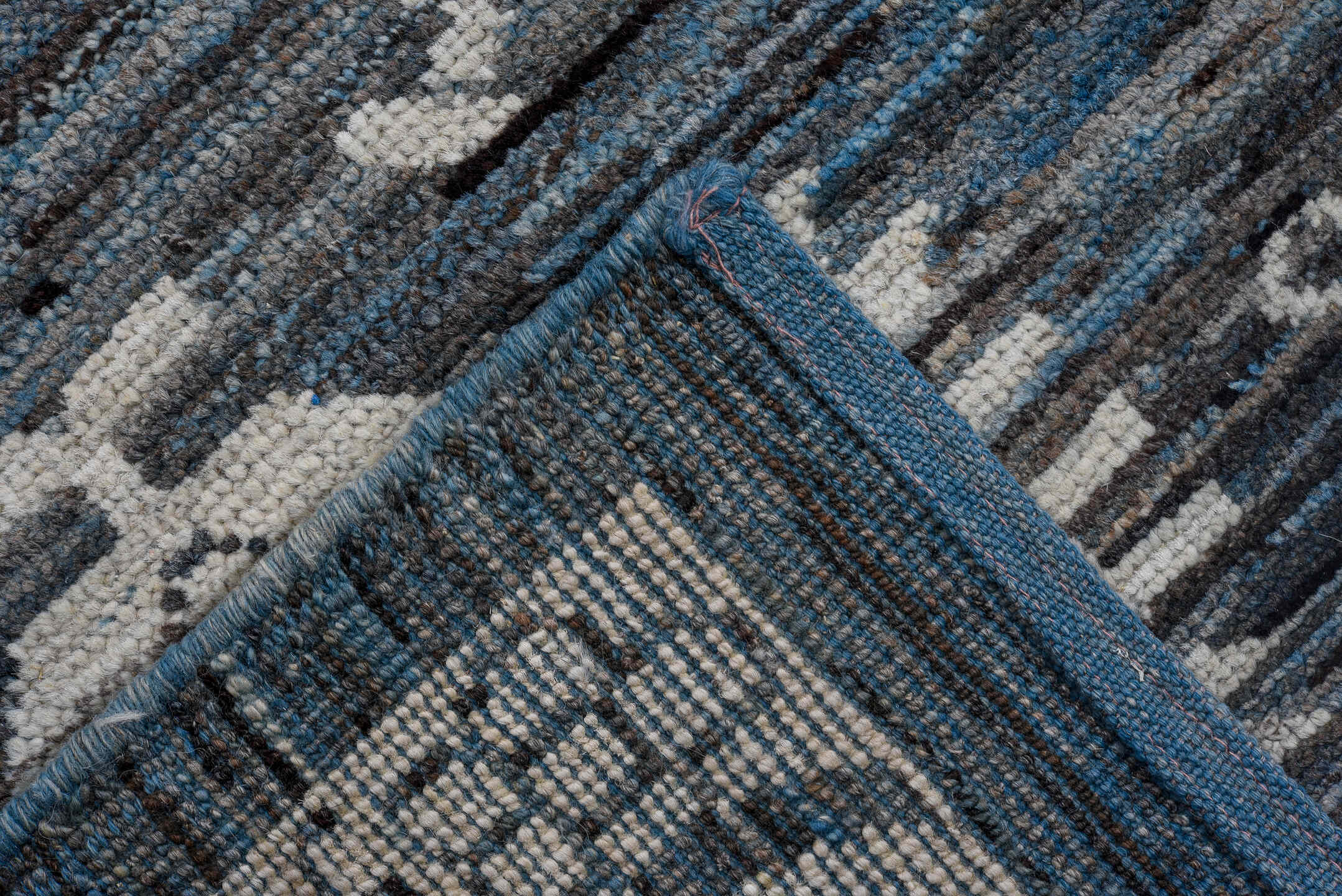 9' x 12' one-of-a-kind handmade vintage Oushak large size rug. Color palette: charcoal, ivory, slate, indigo, steel blue