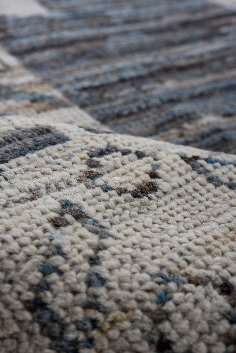 9' x 12' one-of-a-kind handmade vintage Oushak large size rug. Color palette: charcoal, ivory, slate, indigo, steel blue