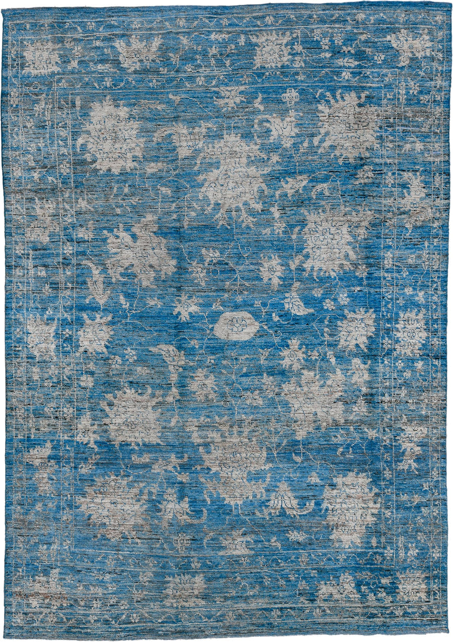 8' x 12' one-of-a-kind handmade vintage Oushak large size rug. Color palette: blue, ivory, sky blue, slate, cream