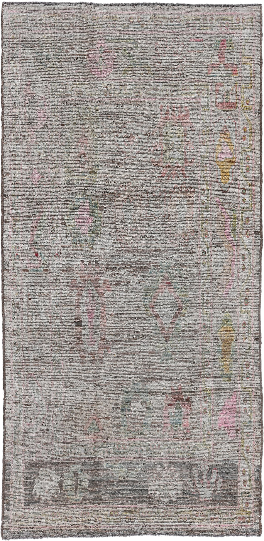 5' x 11' one-of-a-kind handmade vintage Oushak large size rug. Color palette: taupe, ivory, blush, sage, gold, rose, brown