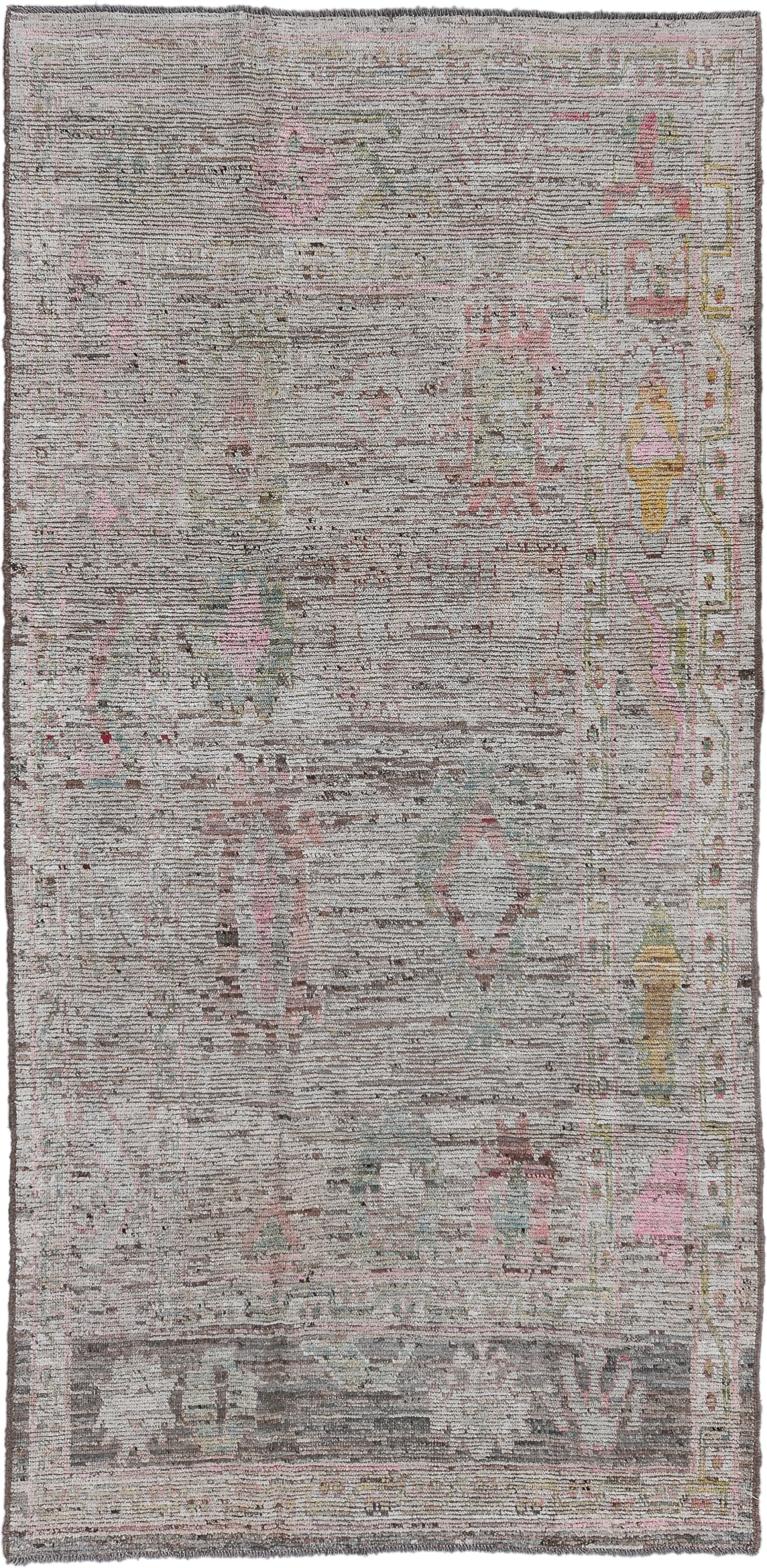 5' x 11' one-of-a-kind handmade vintage Oushak large size rug. Color palette: taupe, ivory, blush, sage, gold, rose, brown