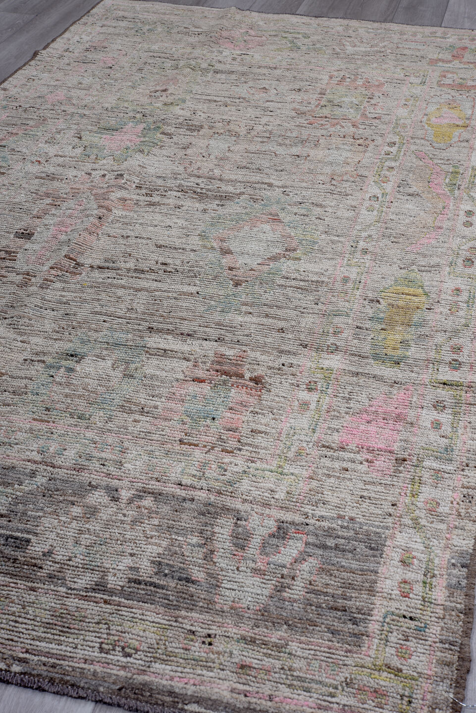 5' x 11' one-of-a-kind handmade vintage Oushak large size rug. Color palette: taupe, ivory, blush, sage, gold, rose, brown