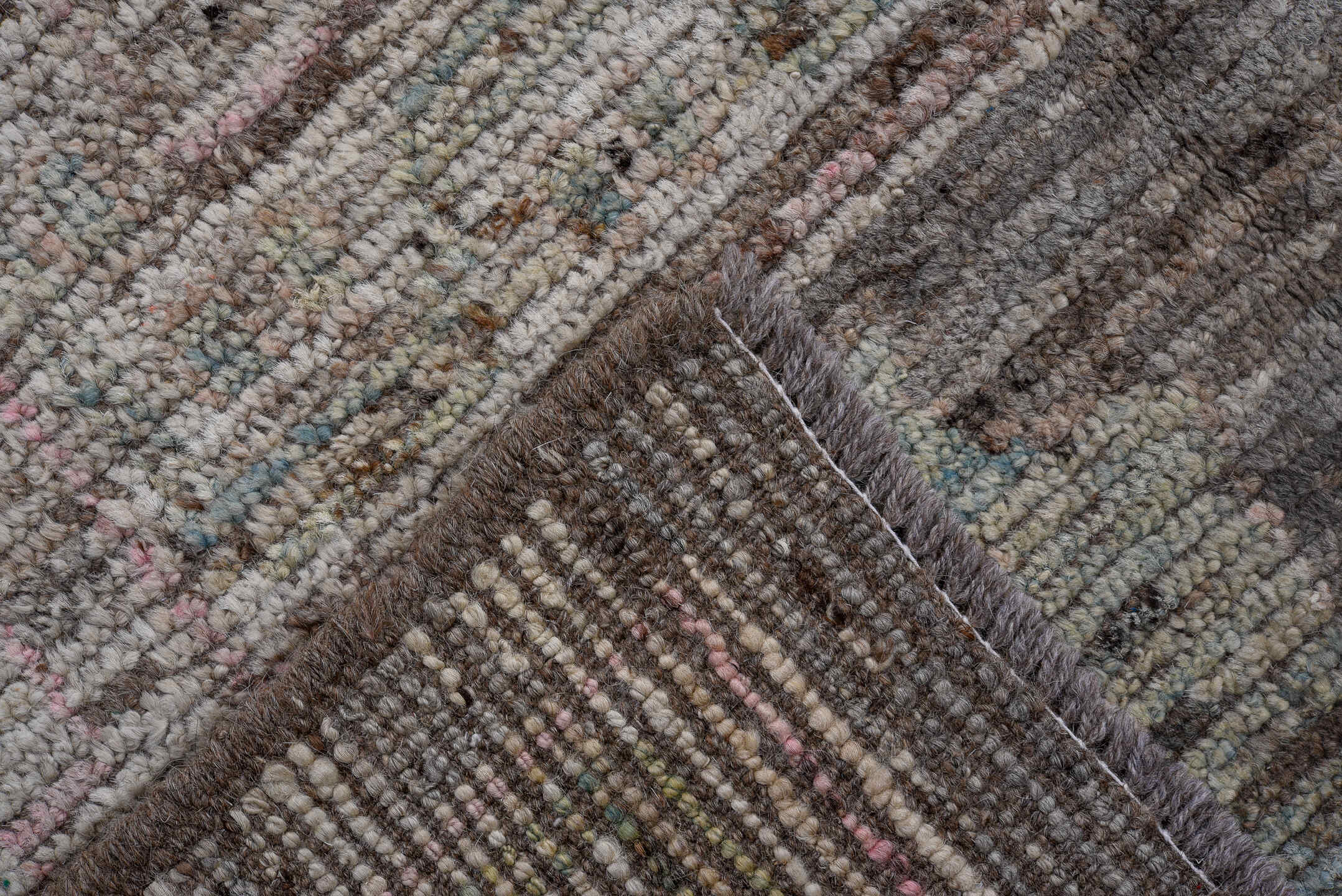 5' x 11' one-of-a-kind handmade vintage Oushak large size rug. Color palette: taupe, ivory, blush, sage, gold, rose, brown