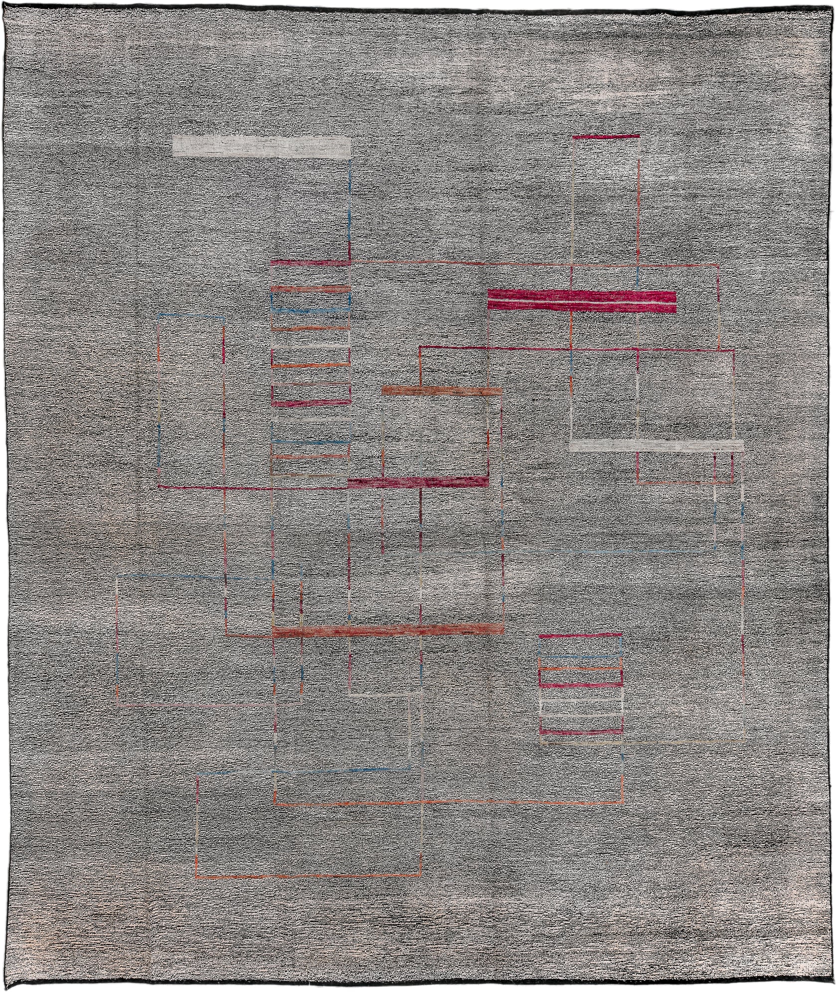12' x 15' one-of-a-kind handmade vintage Tulu oversize rug. Color palette: gray, charcoal, crimson, ivory, rust, blue, black