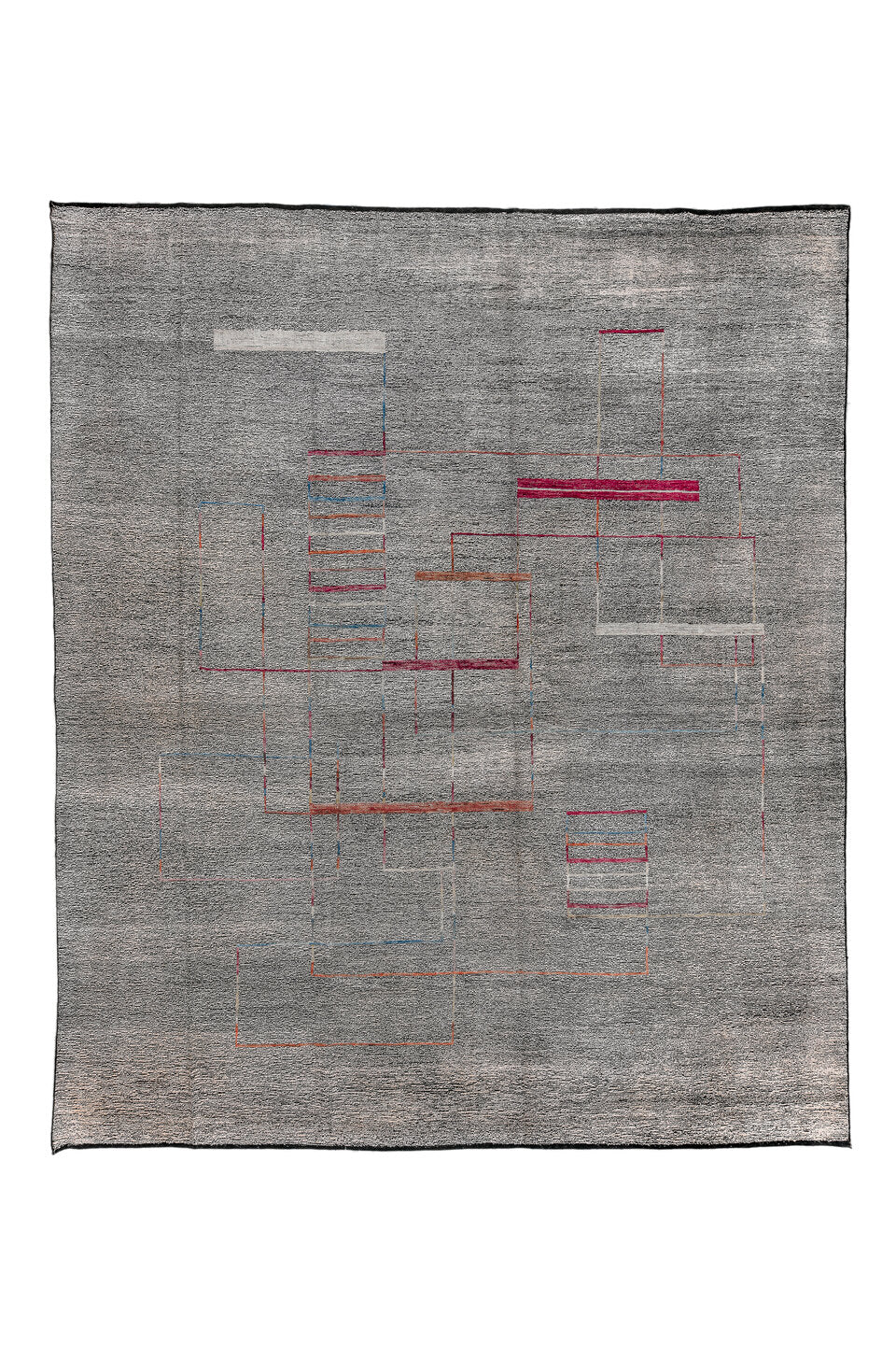 12' x 15' one-of-a-kind handmade vintage Tulu oversize rug. Color palette: black, brown, dark gray, dim gray, gray