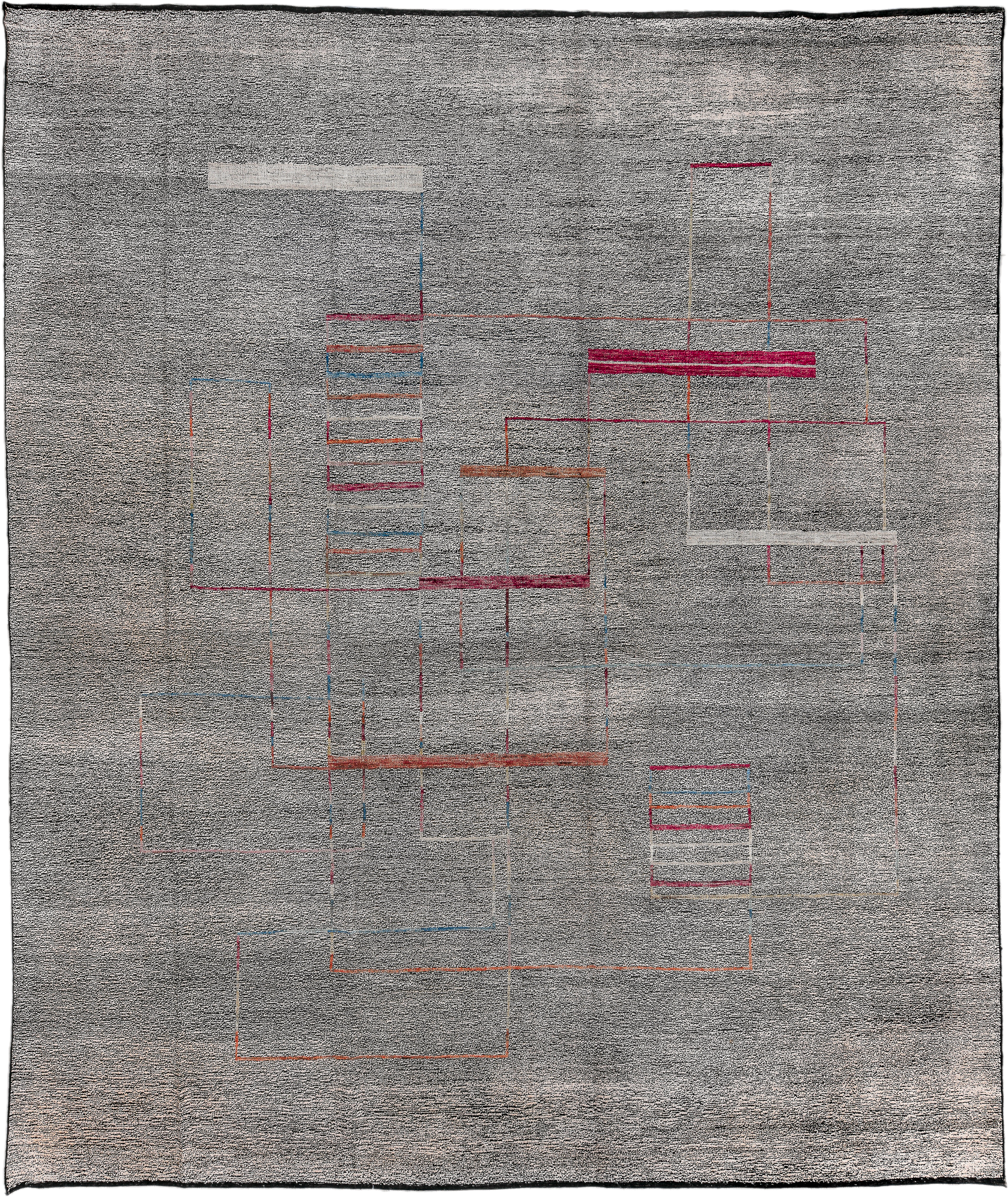 12' x 15' one-of-a-kind handmade vintage Tulu oversize rug. Color palette: gray, charcoal, crimson, ivory, rust, blue, black