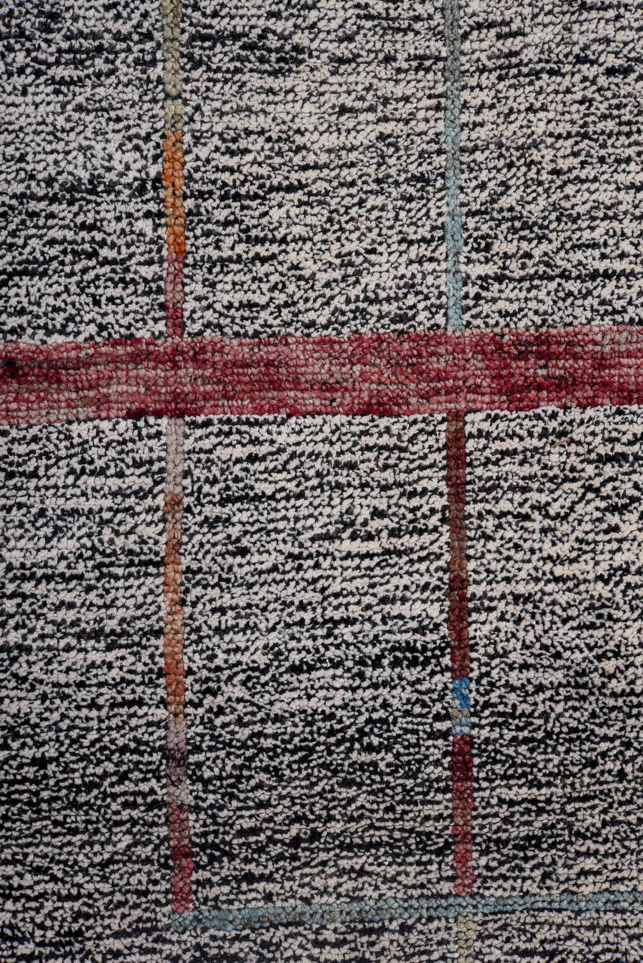 12' x 15' one-of-a-kind handmade vintage Tulu oversize rug. Color palette: gray, charcoal, crimson, ivory, rust, blue, black