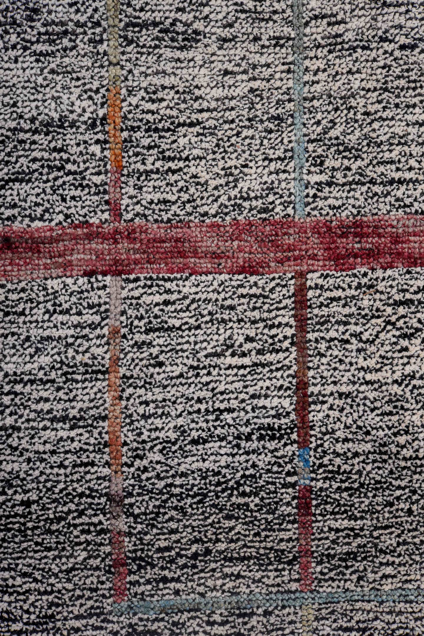 12' x 15' one-of-a-kind handmade vintage Tulu oversize rug. Color palette: gray, charcoal, crimson, ivory, rust, blue, black