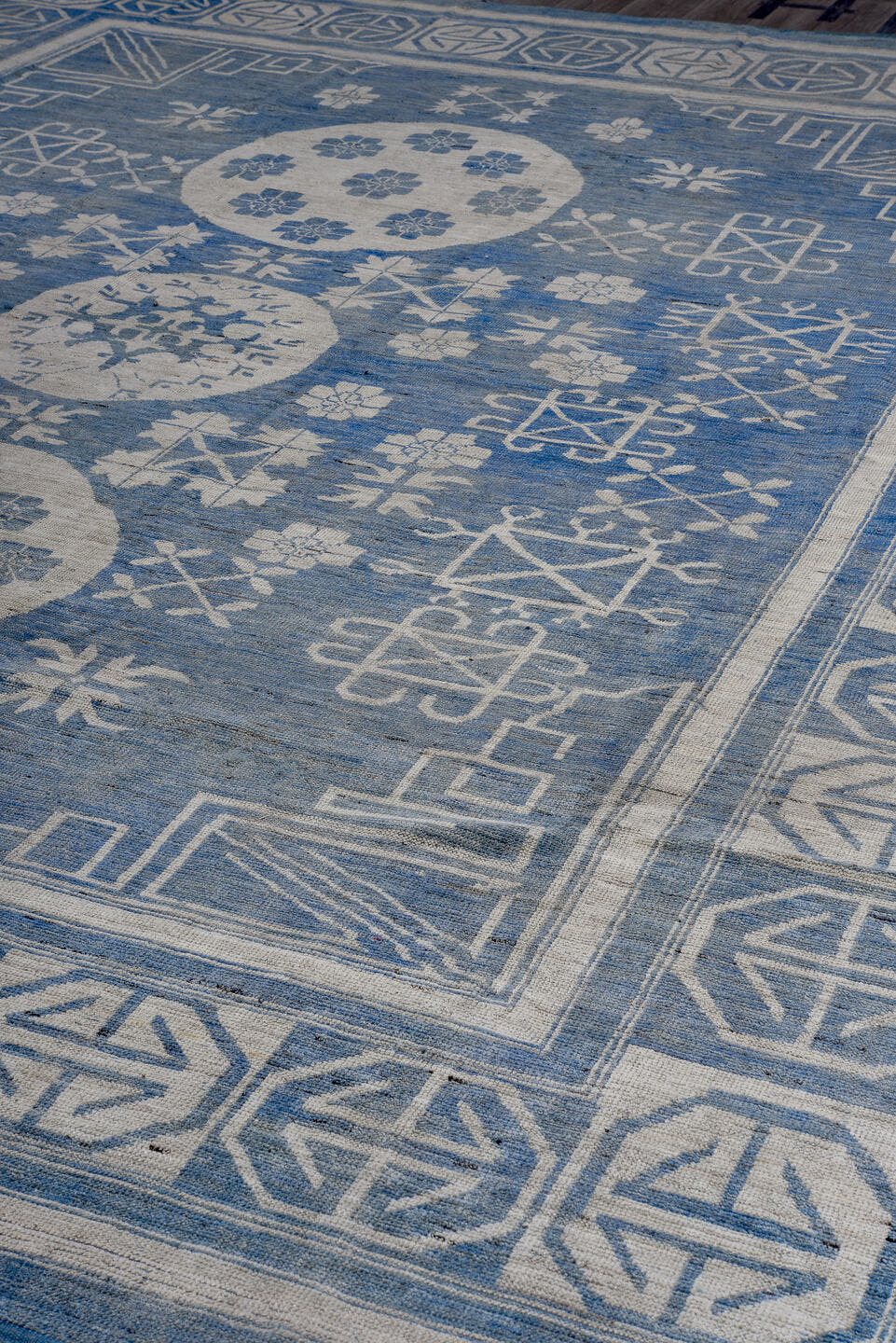 12' x 15' one-of-a-kind handmade vintage Oushak oversize rug. Color palette: blue, ivory, slate, cream, gray