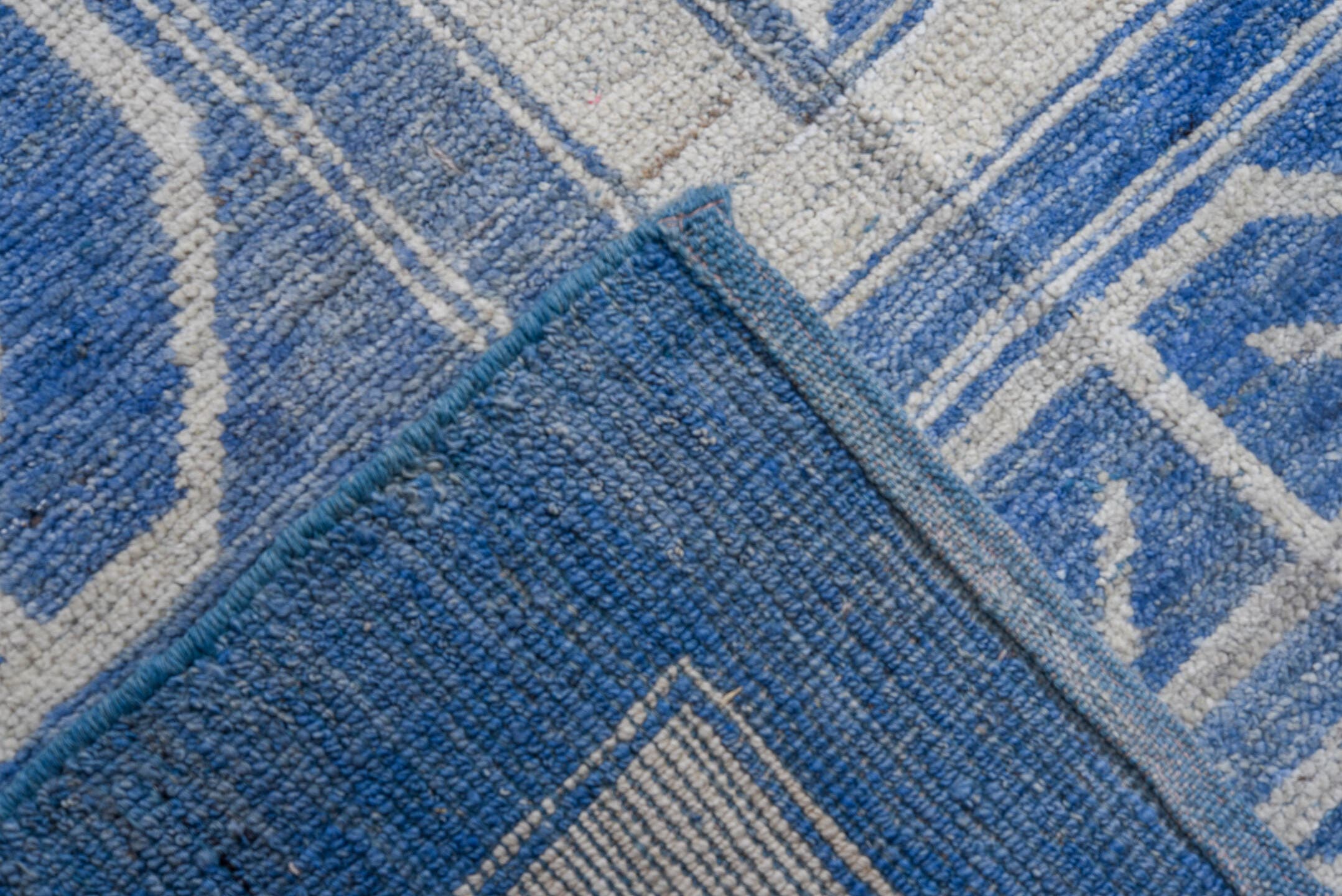 12' x 15' one-of-a-kind handmade vintage Oushak oversize rug. Color palette: blue, ivory, slate, cream, gray