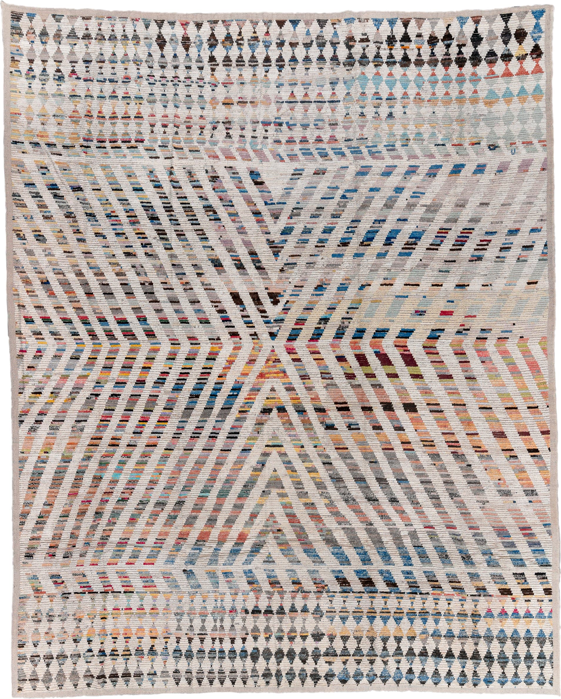 16' x 20' one-of-a-kind handmade vintage Tulu oversize rug. Color palette: ivory, gray, blue, charcoal, coral, gold, taupe