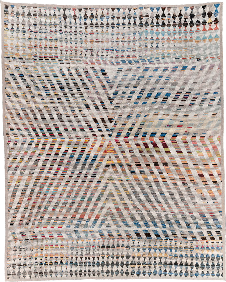 16' x 20' one-of-a-kind handmade vintage Tulu oversize rug. Color palette: ivory, gray, blue, charcoal, coral, gold, taupe