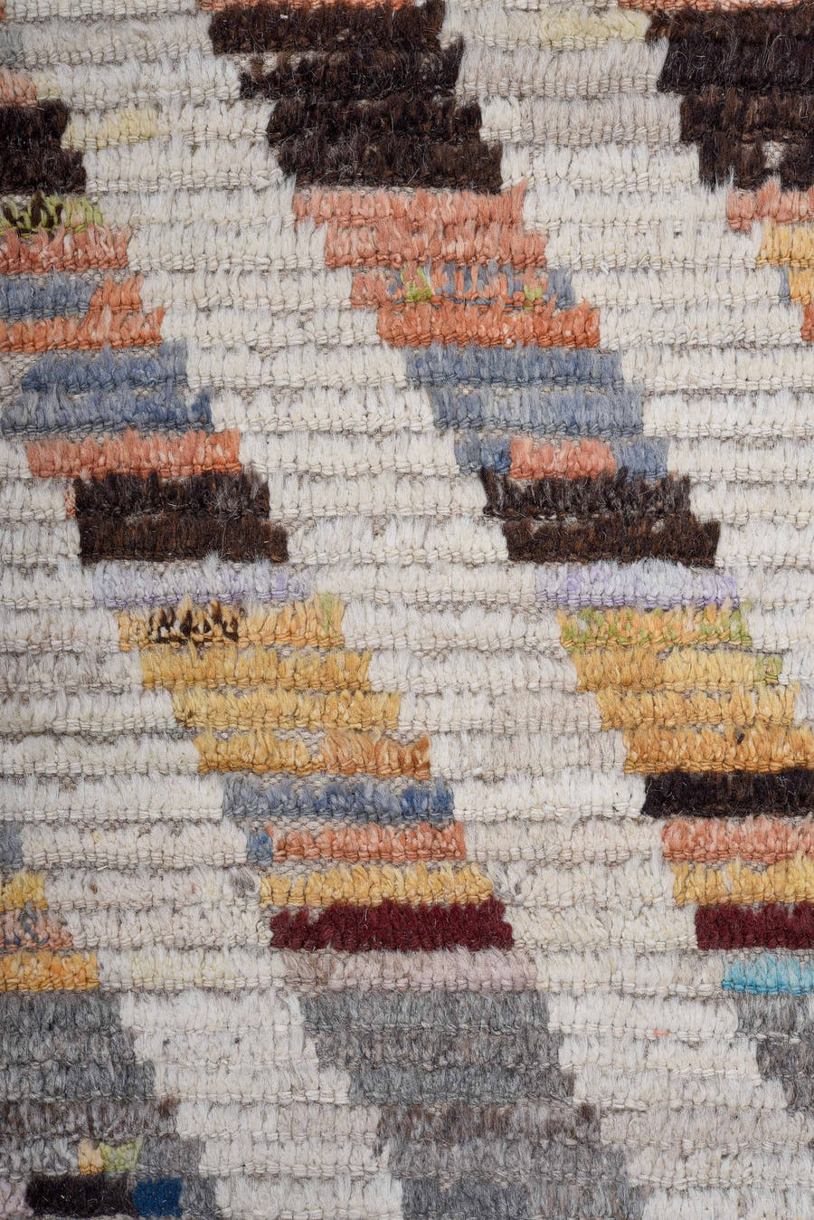 16' x 20' one-of-a-kind handmade vintage Tulu oversize rug. Color palette: ivory, gray, blue, charcoal, coral, gold, taupe