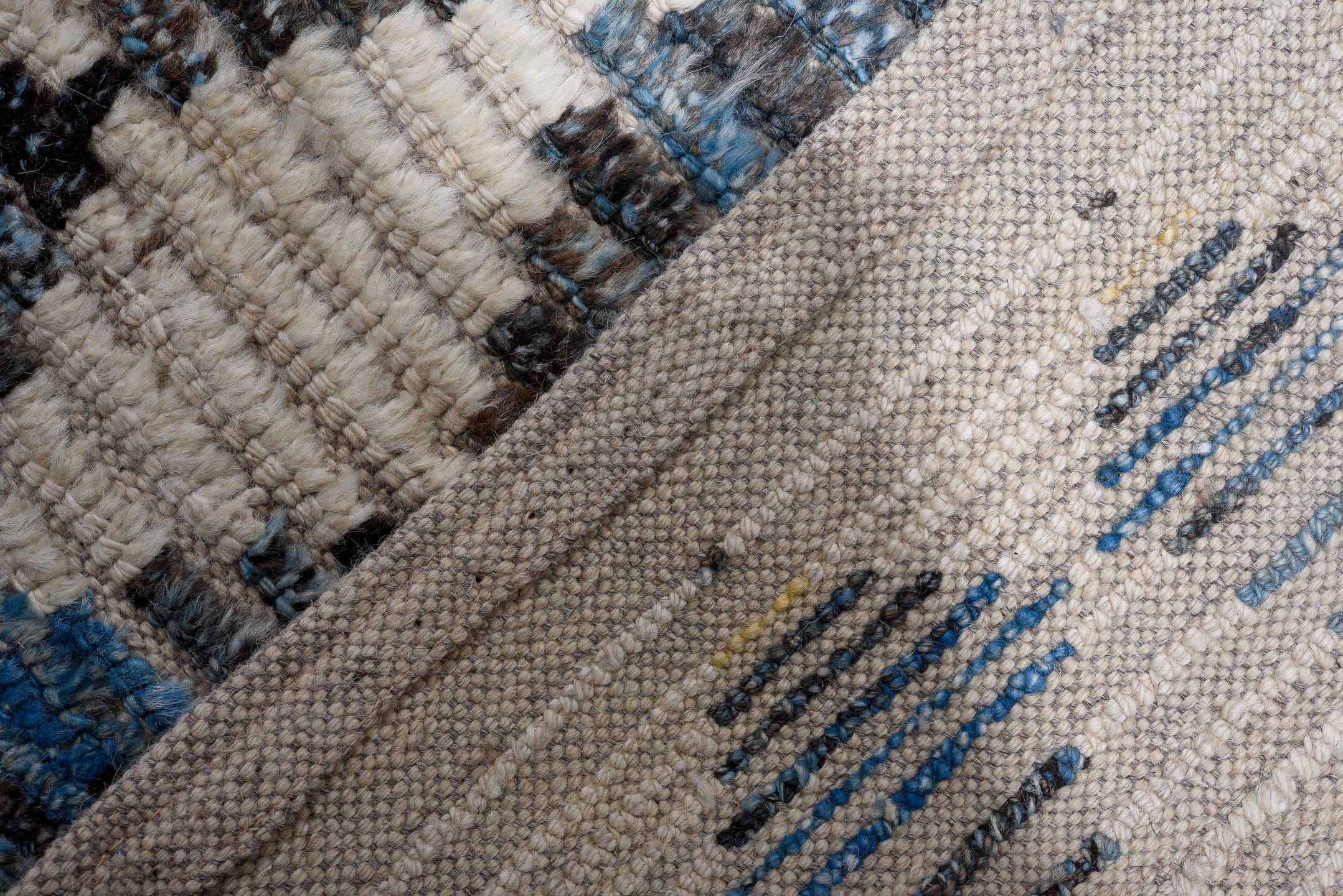 16' x 20' one-of-a-kind handmade vintage Tulu oversize rug. Color palette: ivory, gray, blue, charcoal, coral, gold, taupe