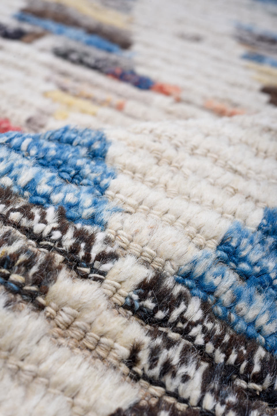 16' x 20' one-of-a-kind handmade vintage Tulu oversize rug. Color palette: ivory, gray, blue, charcoal, coral, gold, taupe