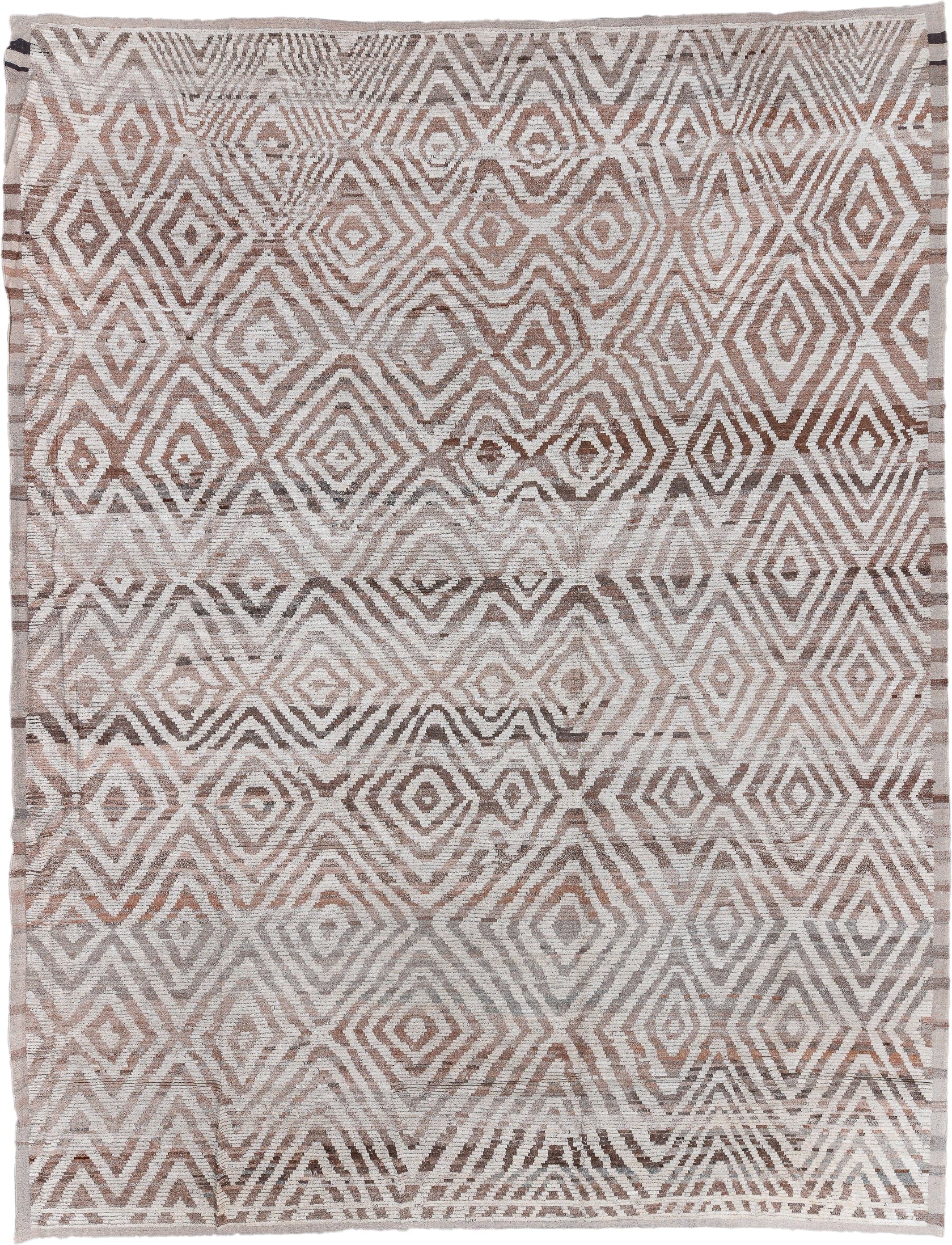 13' x 17' one-of-a-kind handmade vintage Tulu oversize rug. Color palette: ivory, taupe, camel, brown, greige, beige, gray