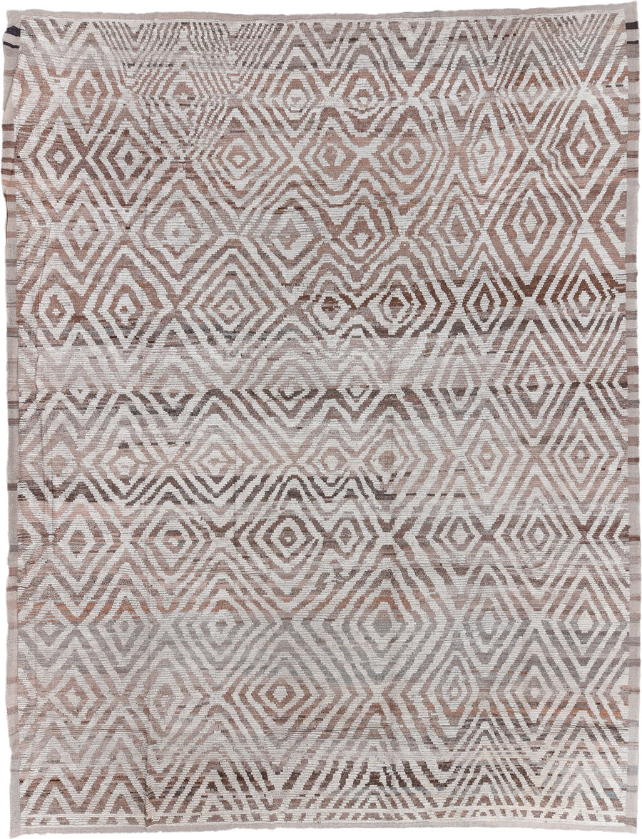 13' x 17' one-of-a-kind handmade vintage Tulu oversize rug. Color palette: ivory, taupe, camel, brown, greige, beige, gray