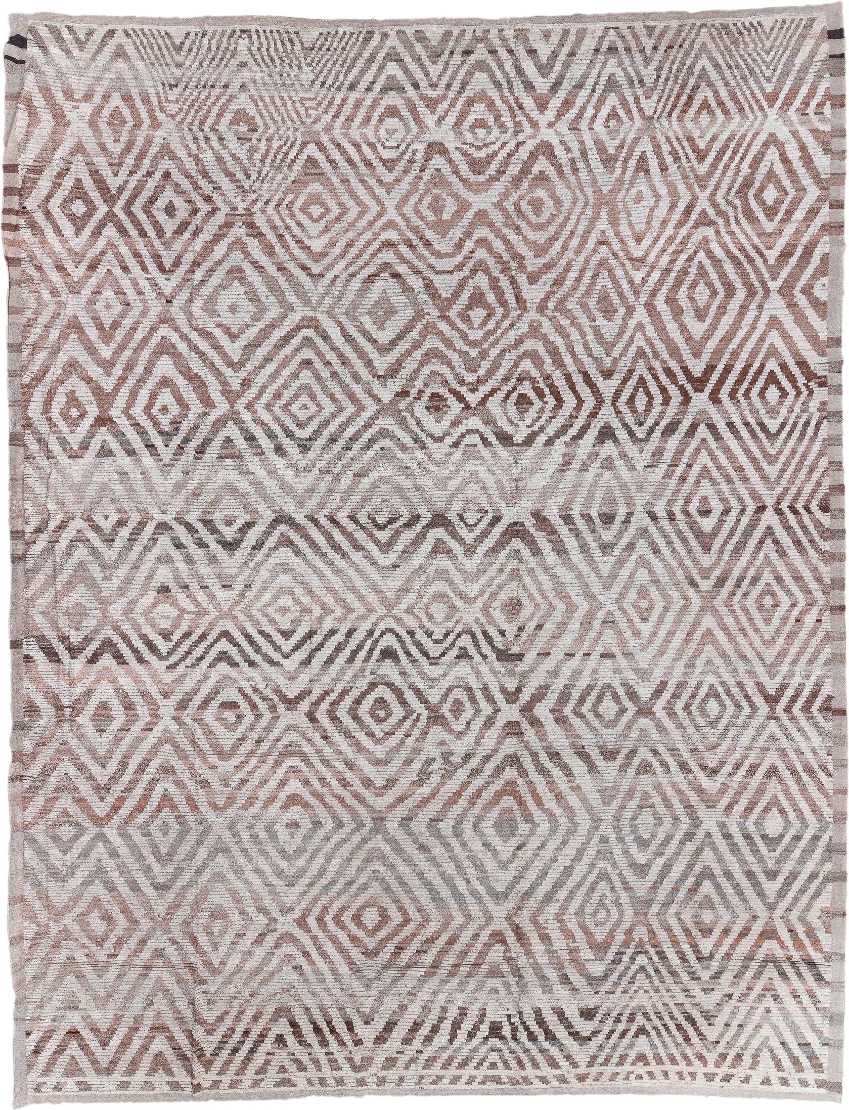13' x 17' one-of-a-kind handmade vintage Tulu oversize rug. Color palette: ivory, taupe, camel, brown, greige, beige, gray
