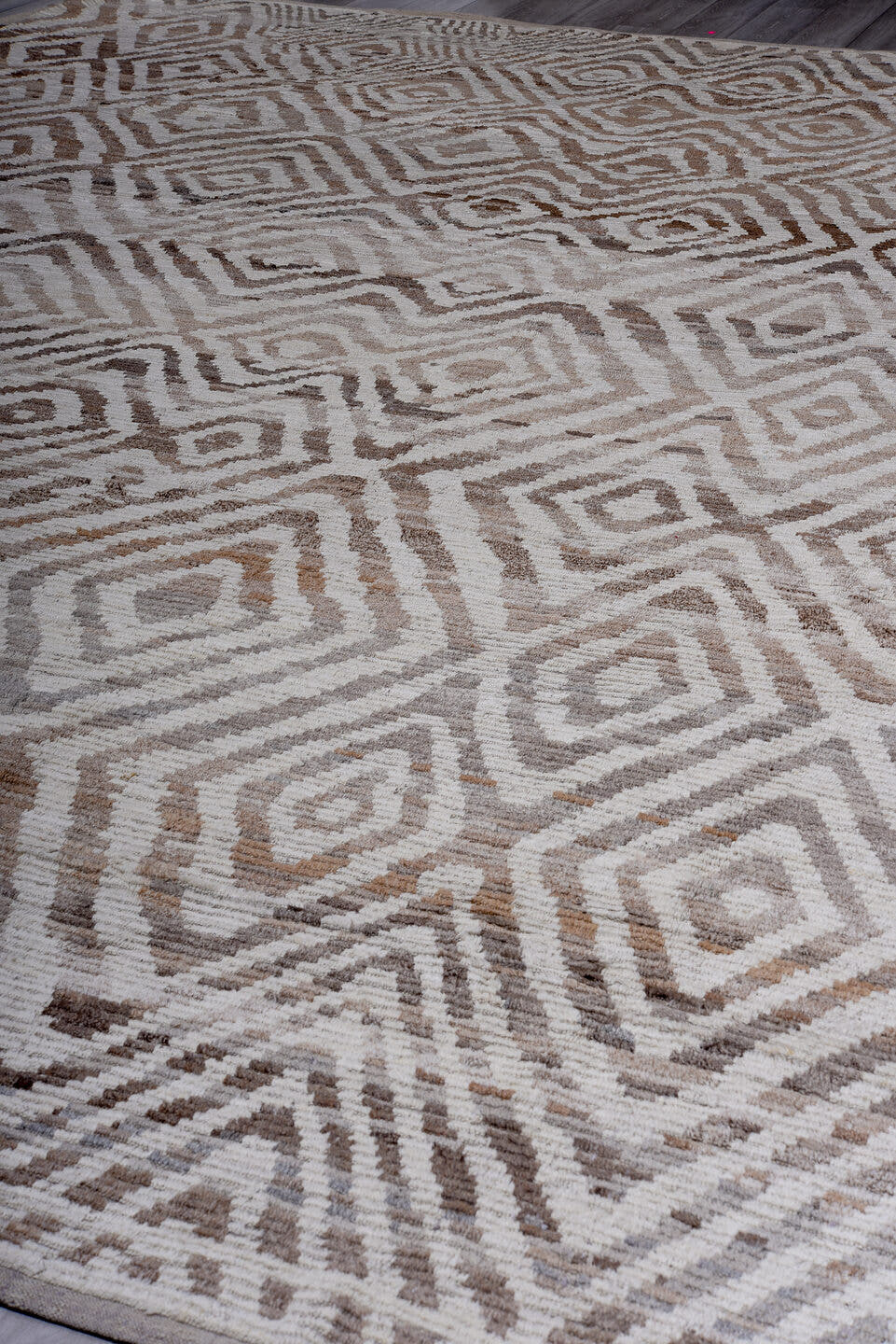 13' x 17' one-of-a-kind handmade vintage Tulu oversize rug. Color palette: ivory, taupe, camel, brown, greige, beige, gray