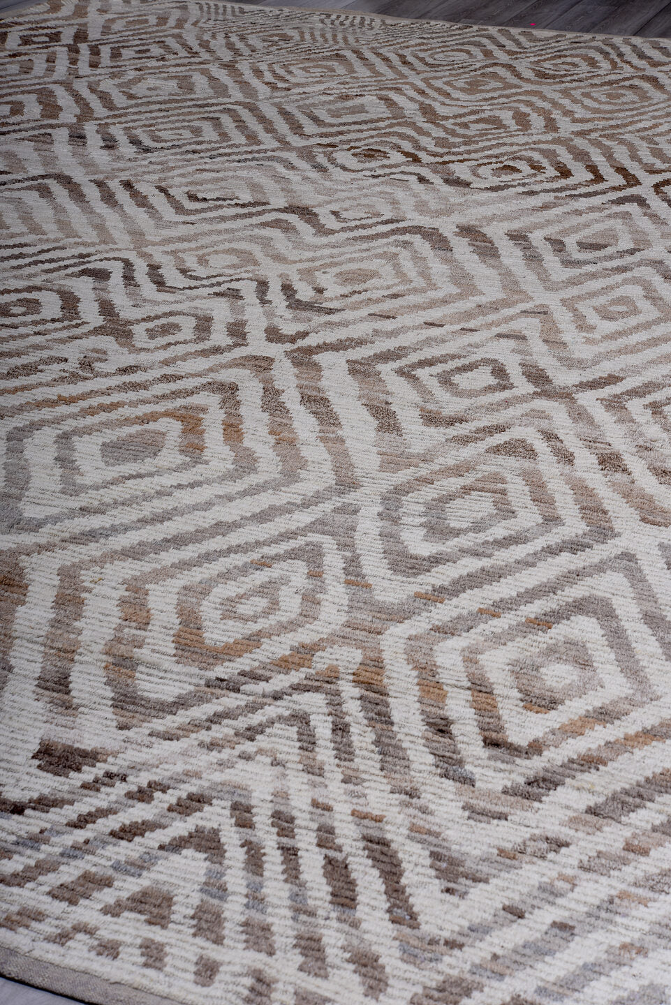 13' x 17' one-of-a-kind handmade vintage Tulu oversize rug. Color palette: ivory, taupe, camel, brown, greige, beige, gray