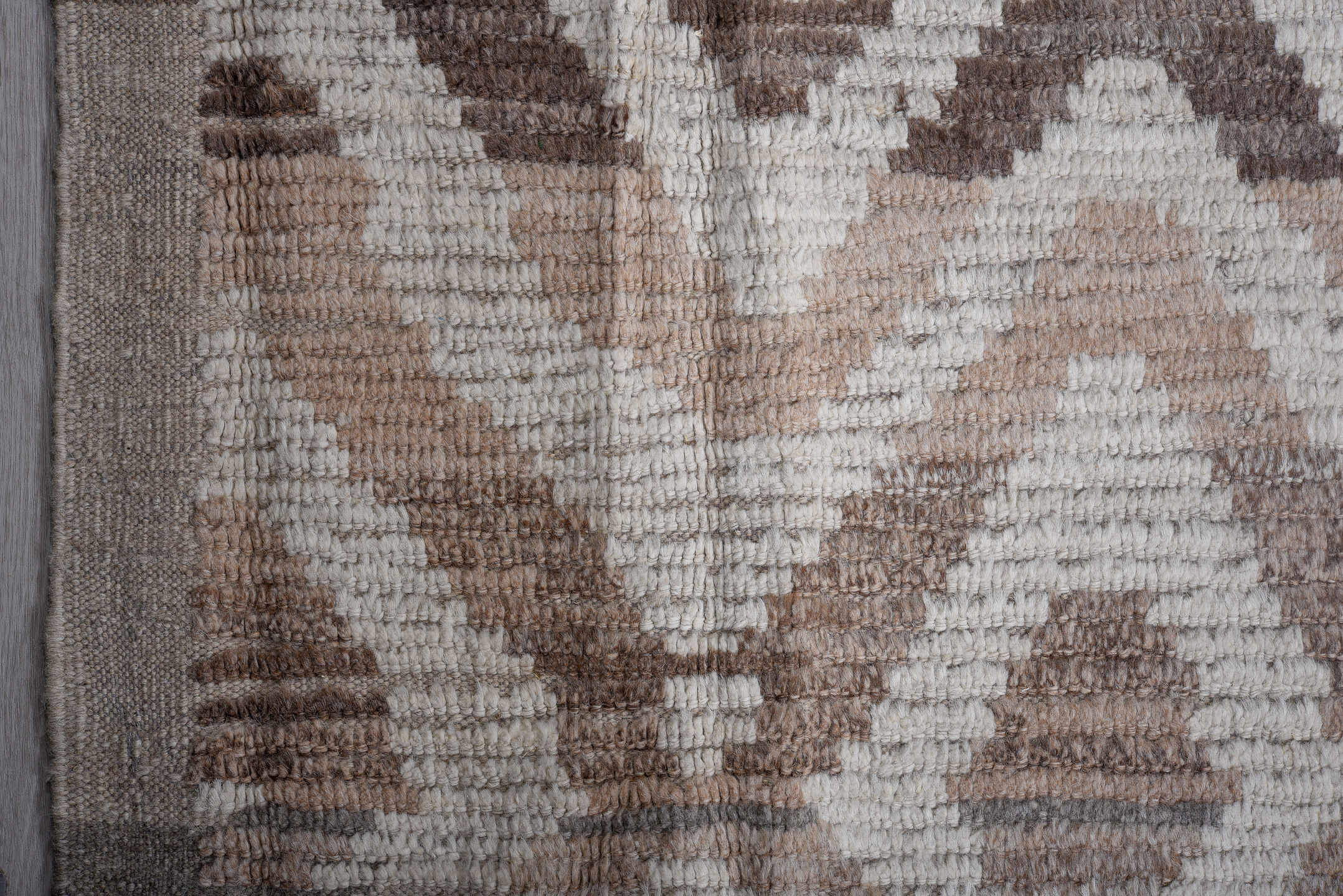 13' x 17' one-of-a-kind handmade vintage Tulu oversize rug. Color palette: ivory, taupe, camel, brown, greige, beige, gray