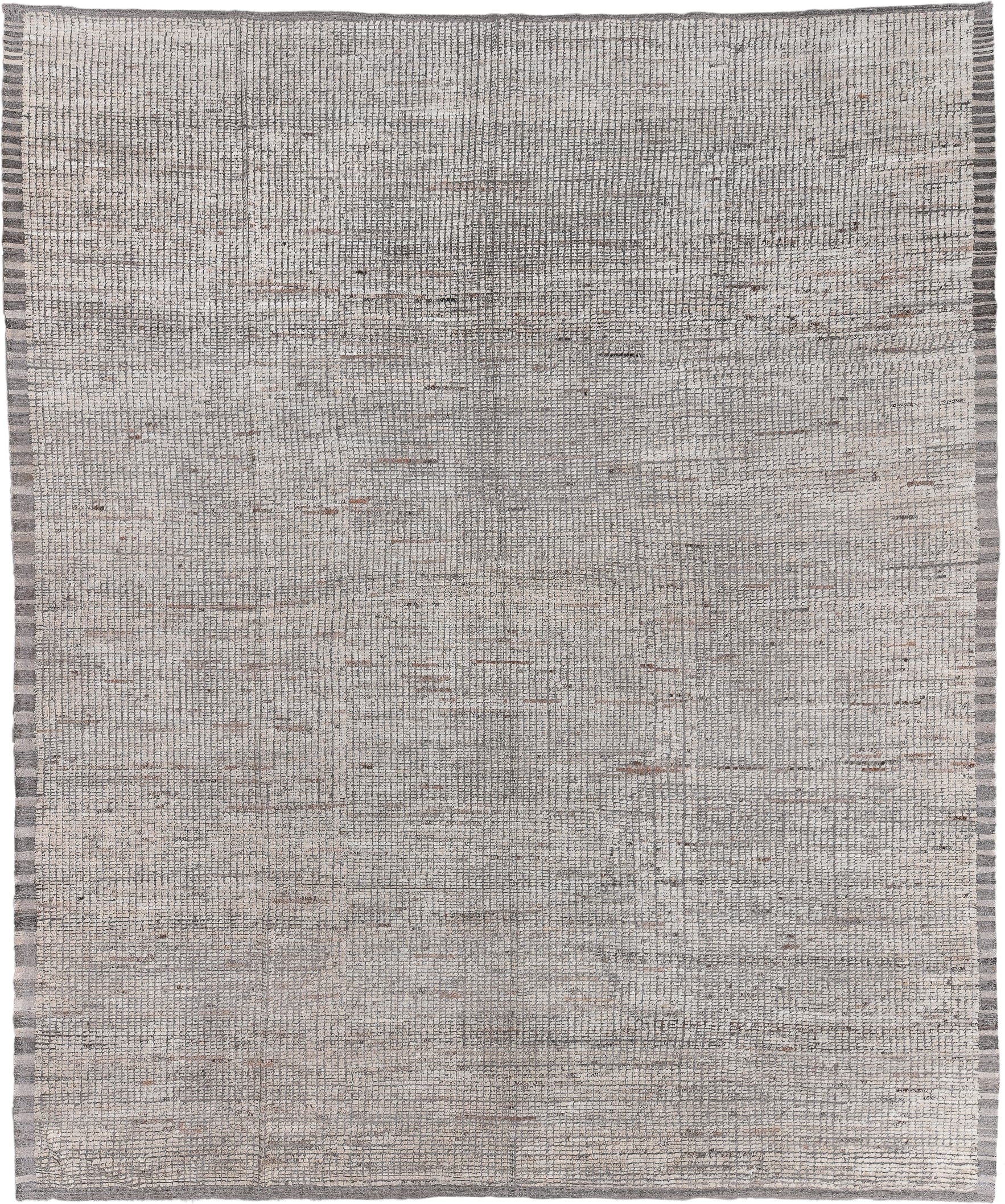 13' x 16' one-of-a-kind handmade vintage Tulu oversize rug. Color palette: ivory, gray, taupe, charcoal, greige, beige