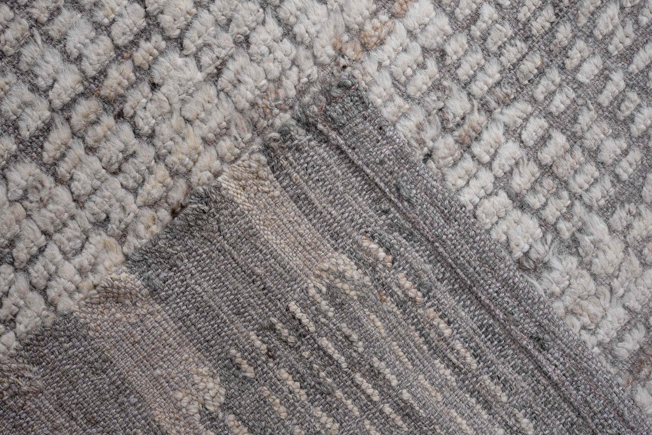 13' x 16' one-of-a-kind handmade vintage Tulu oversize rug. Color palette: ivory, gray, taupe, charcoal, greige, beige