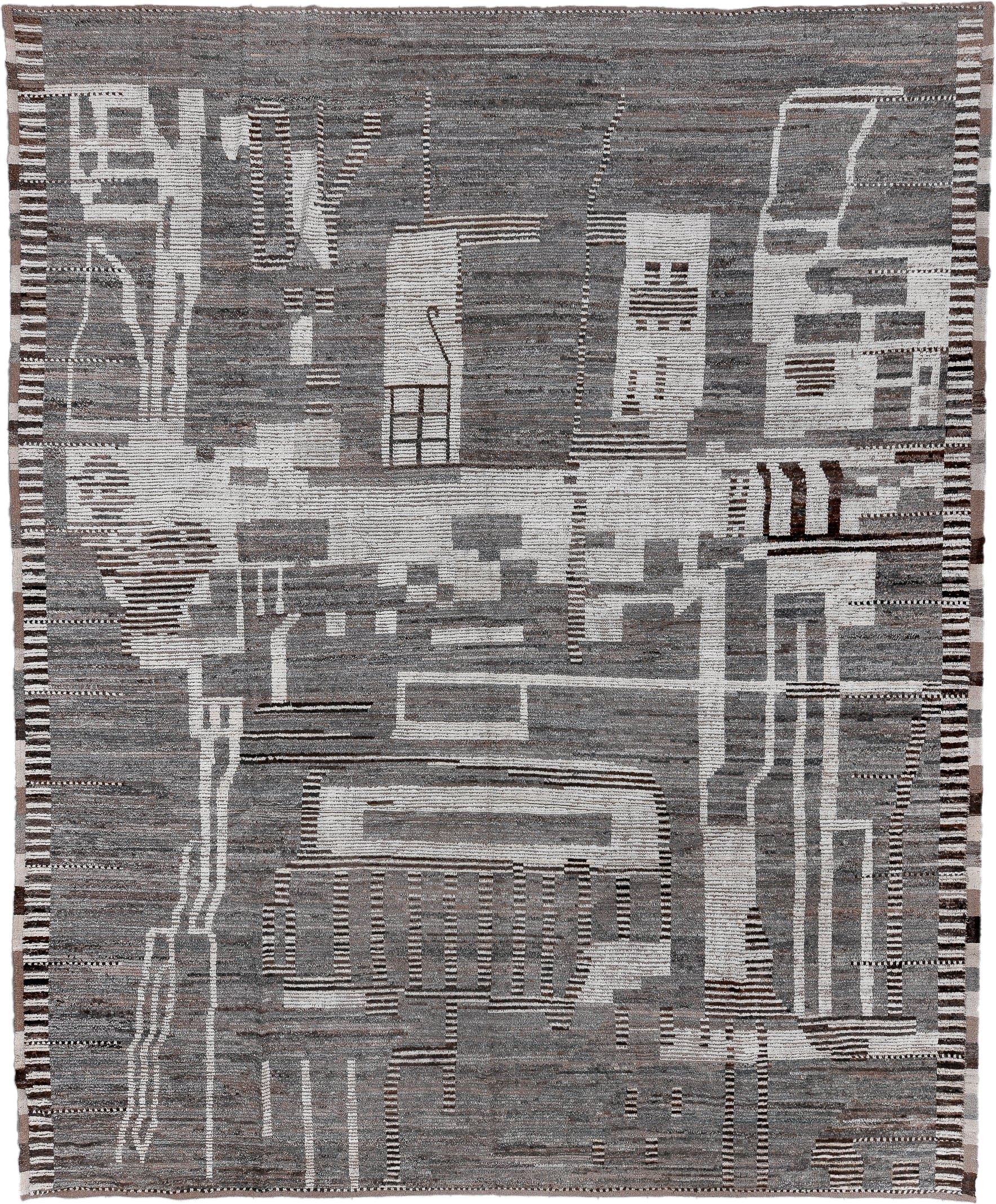 11' x 14' one-of-a-kind handmade vintage Tulu oversize rug. Color palette: gray, ivory, taupe, brown, charcoal, beige, black