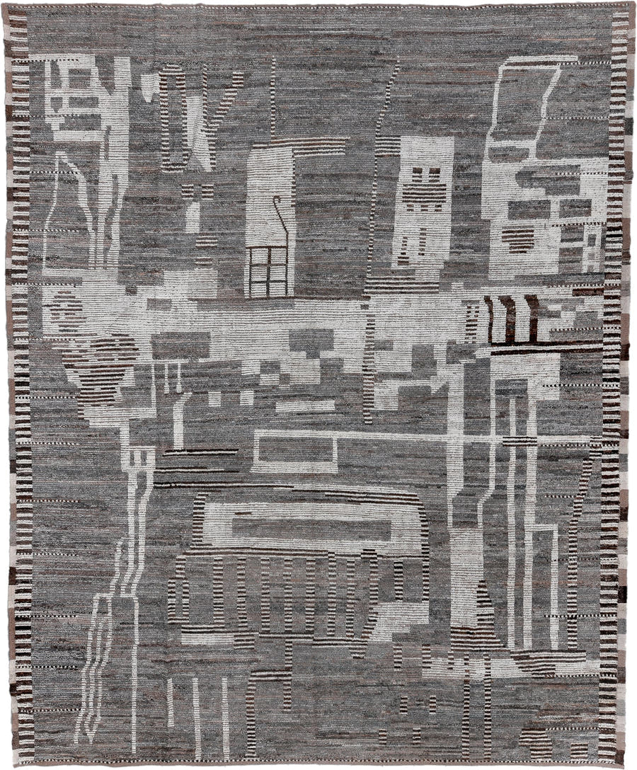 11' x 14' one-of-a-kind handmade vintage Tulu oversize rug. Color palette: gray, ivory, taupe, brown, charcoal, beige, black