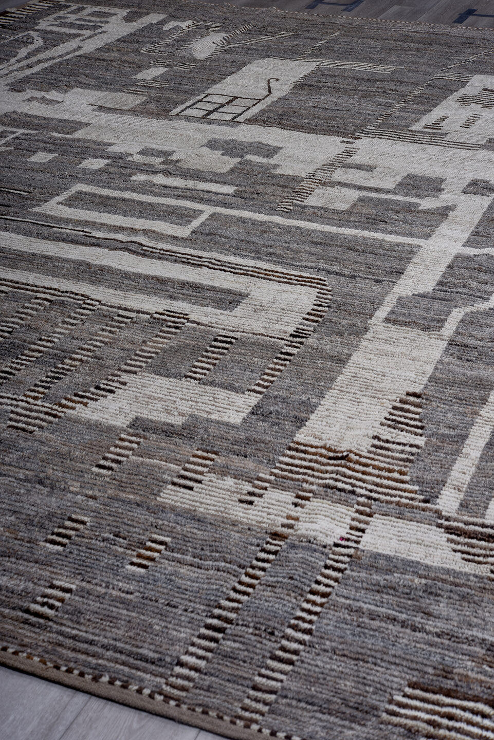 11' x 14' one-of-a-kind handmade vintage Tulu oversize rug. Color palette: gray, ivory, taupe, brown, charcoal, beige, black