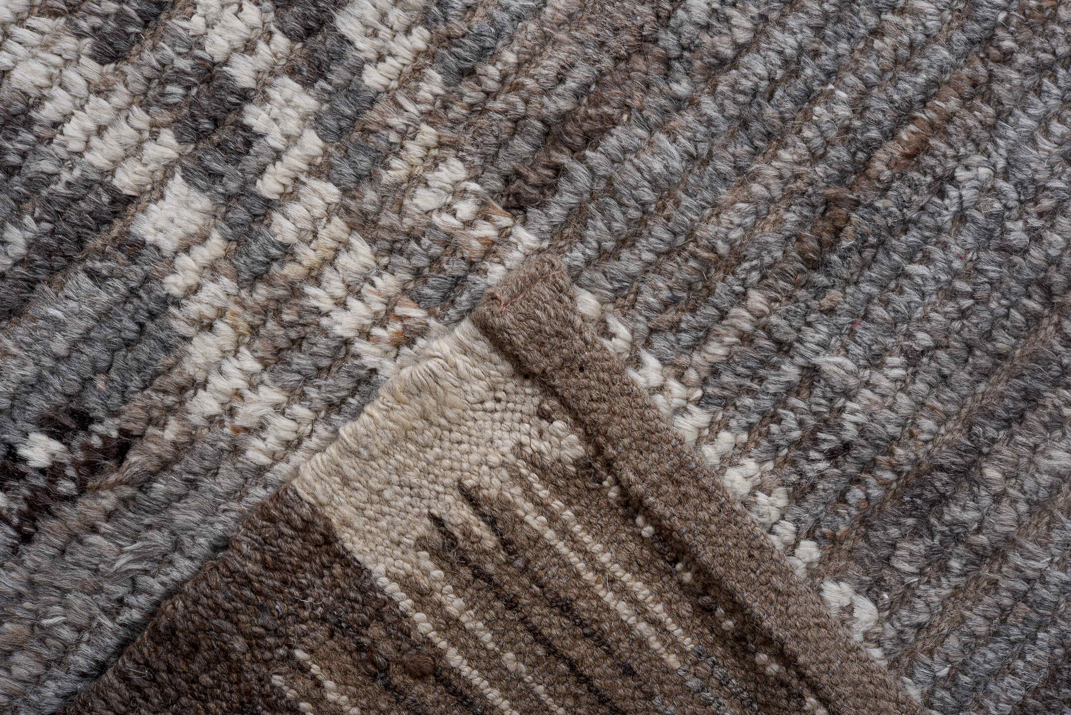 11' x 14' one-of-a-kind handmade vintage Tulu oversize rug. Color palette: gray, ivory, taupe, brown, charcoal, beige, black
