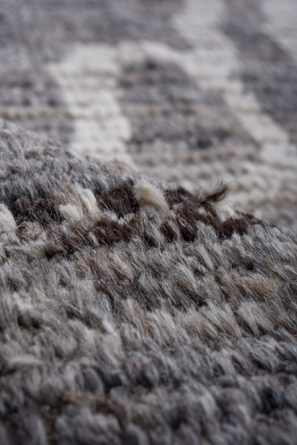 11' x 14' one-of-a-kind handmade vintage Tulu oversize rug. Color palette: gray, ivory, taupe, brown, charcoal, beige, black