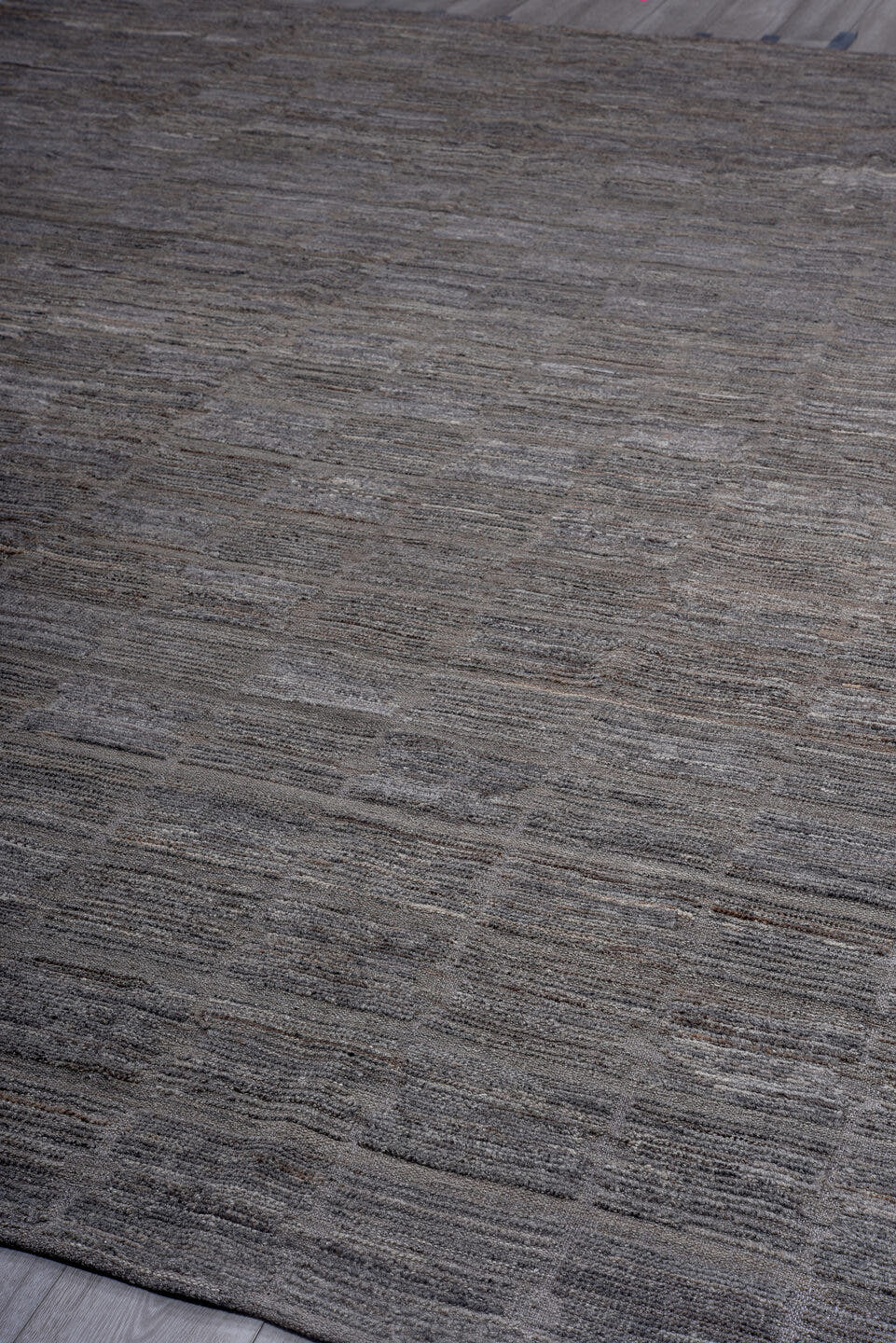 11' x 15' one-of-a-kind handmade vintage Tulu oversize rug. Color palette: charcoal, gray, taupe, slate, rose, black, beige