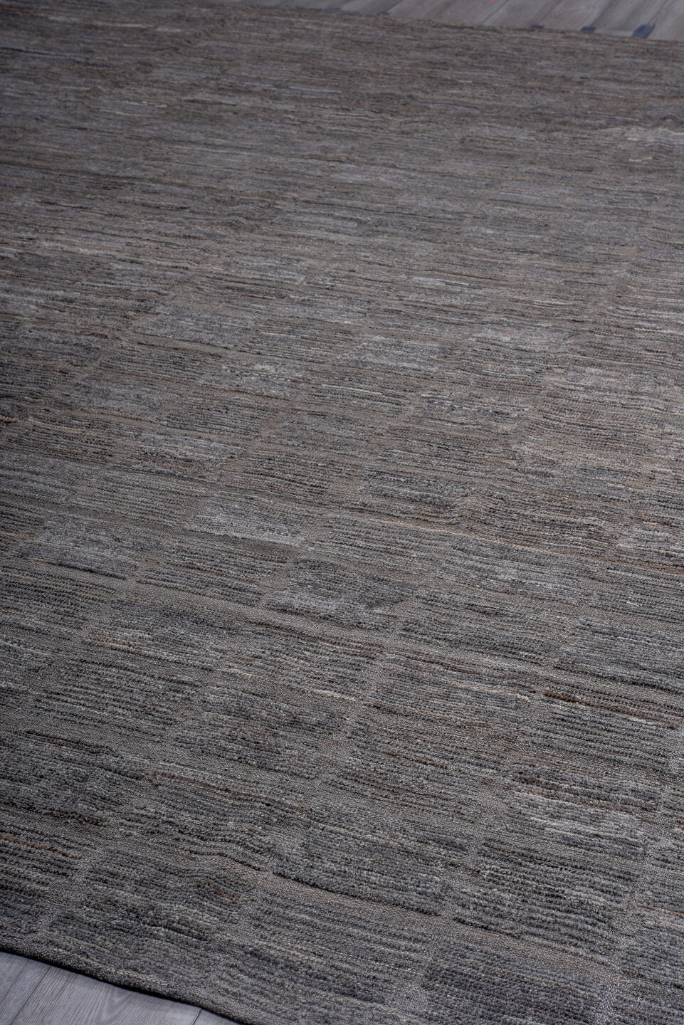11' x 15' one-of-a-kind handmade vintage Tulu oversize rug. Color palette: charcoal, gray, taupe, slate, rose, black, beige