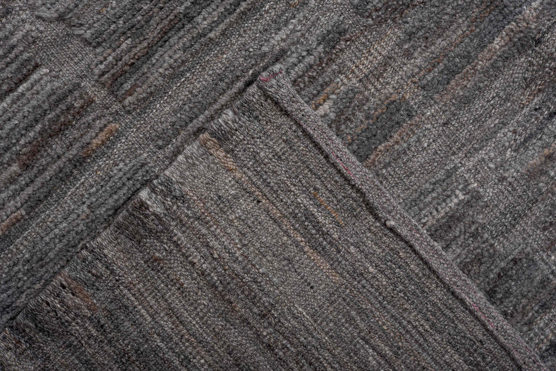 11' x 15' one-of-a-kind handmade vintage Tulu oversize rug. Color palette: charcoal, gray, taupe, slate, rose, black, beige