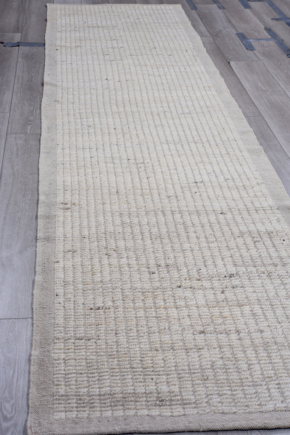 2' x 12' one-of-a-kind handmade vintage Tulu runner rug. Color palette: ivory, light gray, taupe, cream, charcoal, beige