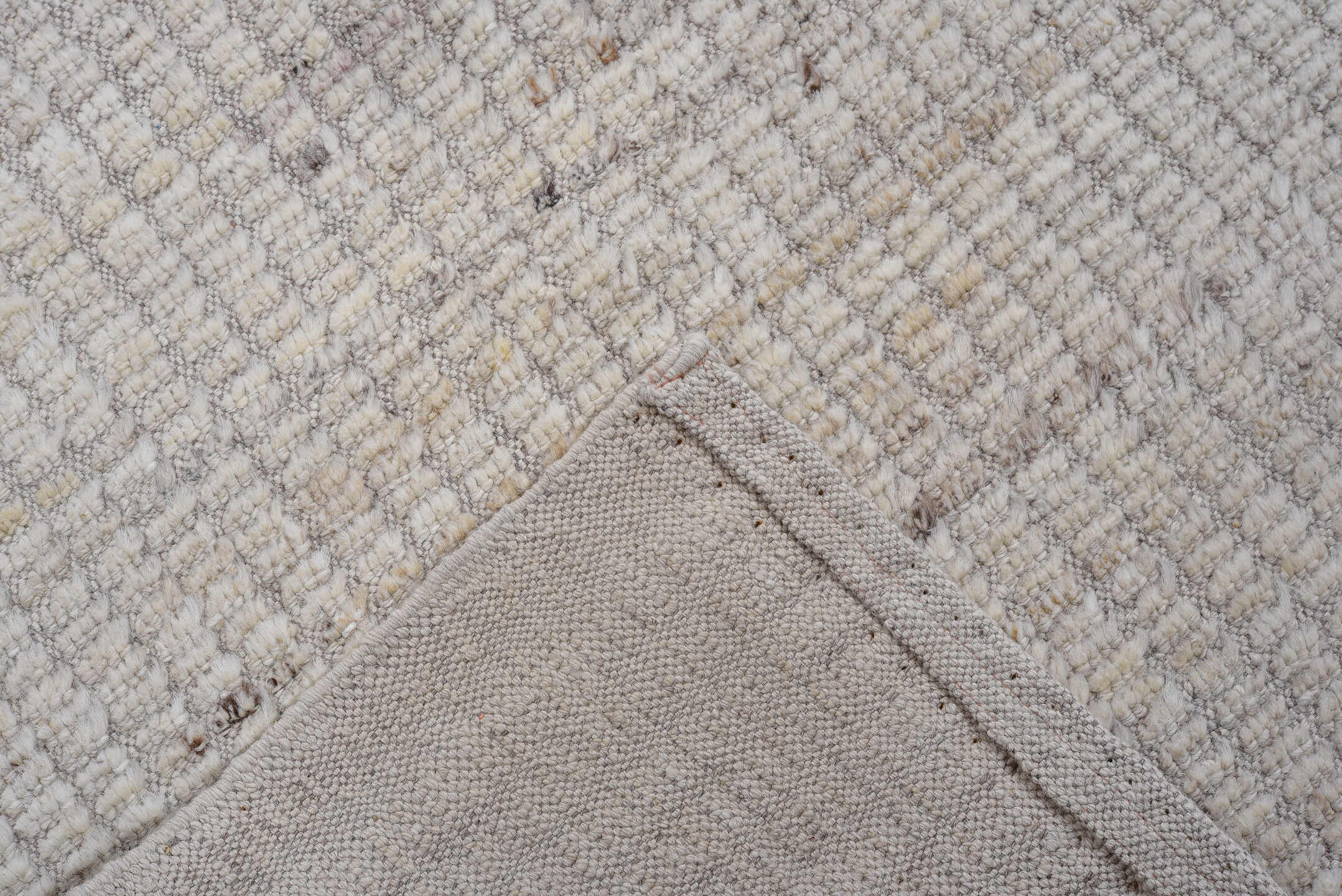 2' x 12' one-of-a-kind handmade vintage Tulu runner rug. Color palette: ivory, light gray, taupe, cream, charcoal, beige