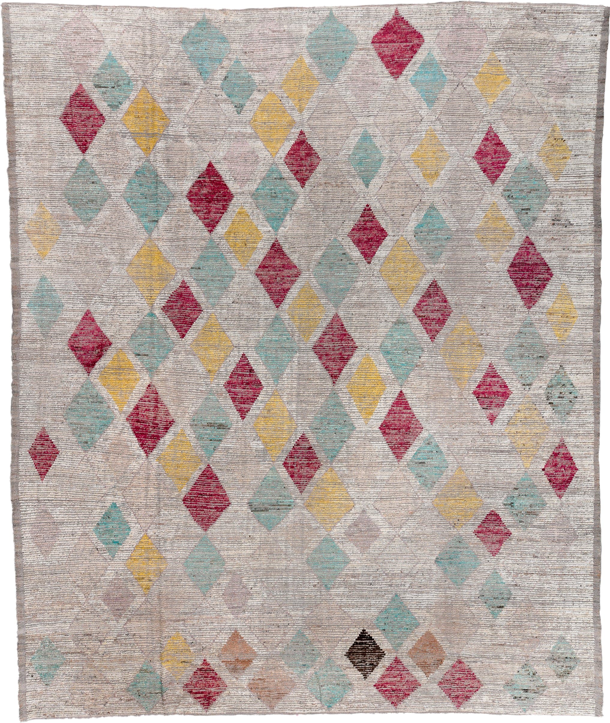 15' x 18' one-of-a-kind handmade vintage Tulu oversize rug. Color palette: ivory, aqua, crimson, saffron, taupe, camel