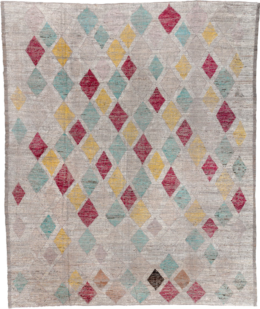 15' x 18' one-of-a-kind handmade vintage Tulu oversize rug. Color palette: ivory, aqua, crimson, saffron, taupe, camel