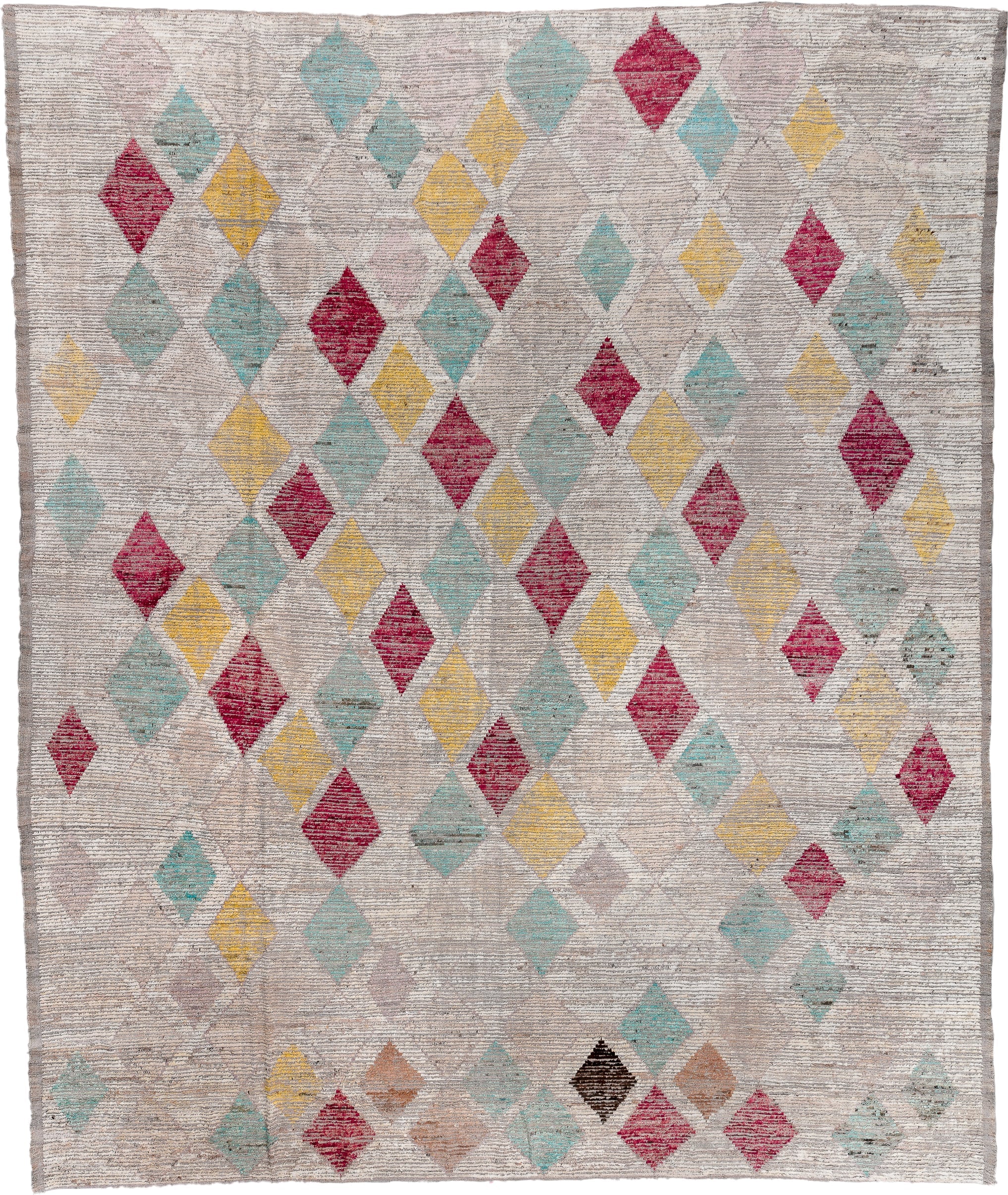 15' x 18' one-of-a-kind handmade vintage Tulu oversize rug. Color palette: ivory, aqua, crimson, saffron, taupe, camel