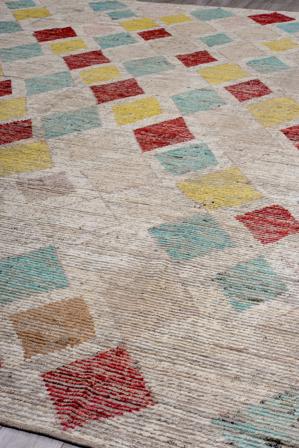 15' x 18' one-of-a-kind handmade vintage Tulu oversize rug. Color palette: ivory, aqua, crimson, saffron, taupe, camel