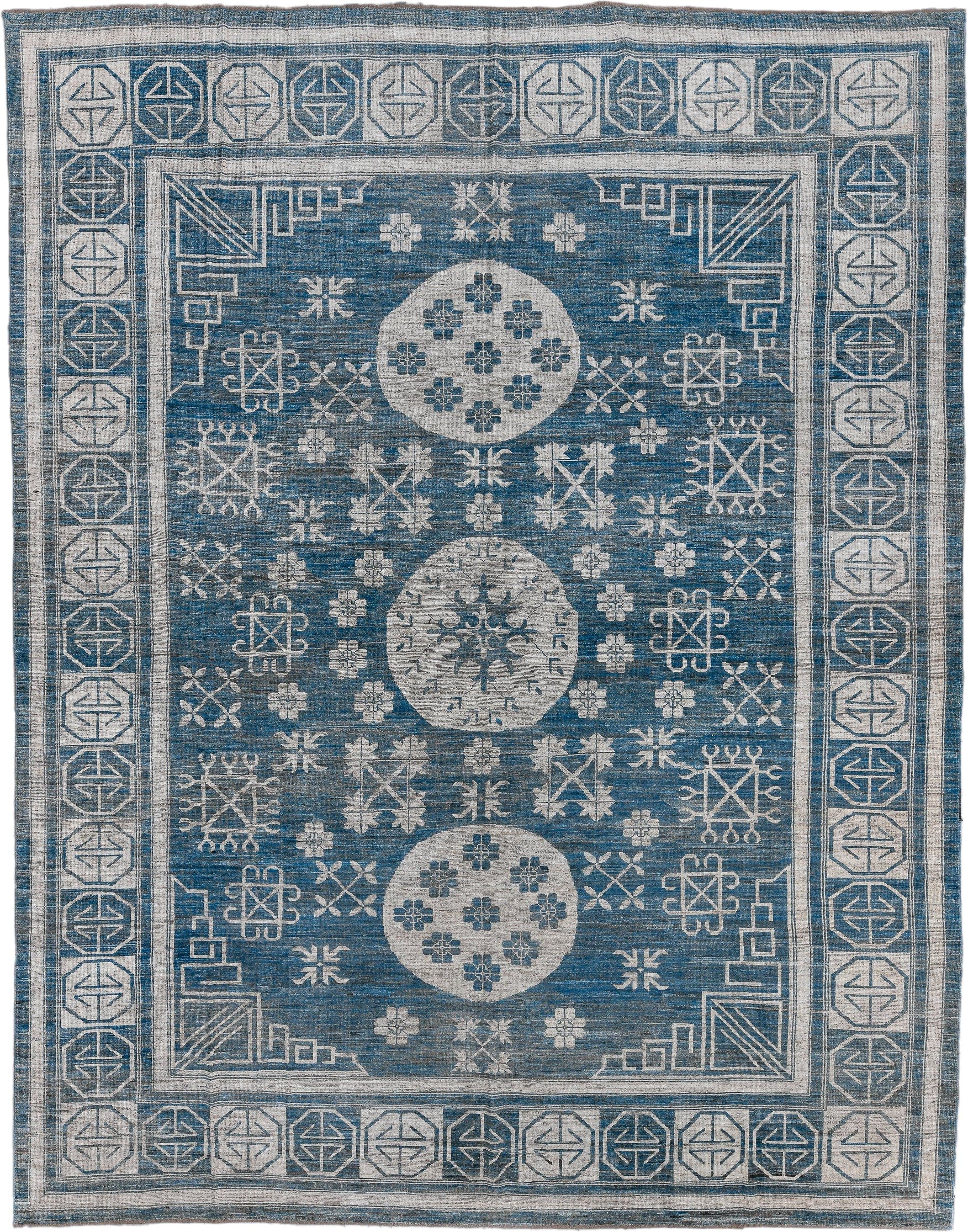 12' x 15' one-of-a-kind handmade vintage Oushak oversize rug. Color palette: blue, ivory, slate, cream, gray
