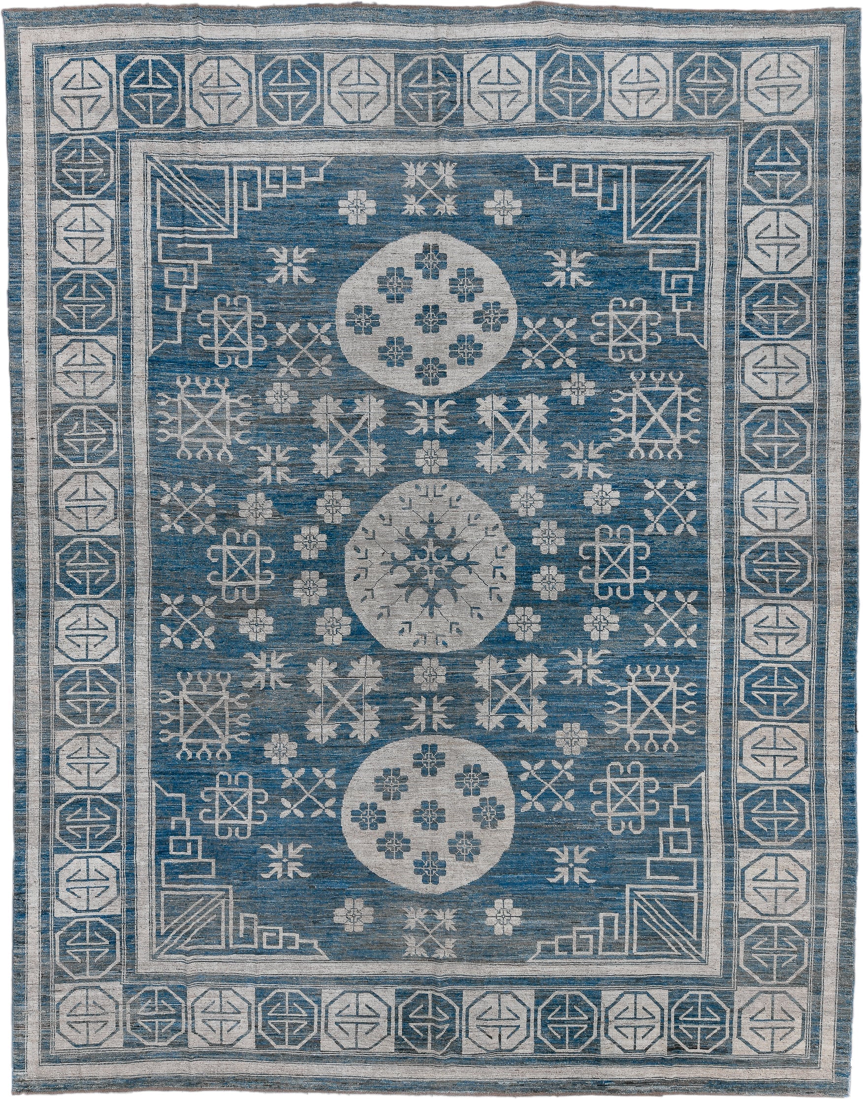 12' x 15' one-of-a-kind handmade vintage Oushak oversize rug. Color palette: blue, ivory, slate, cream, gray