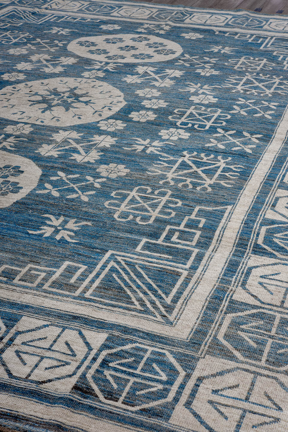 12' x 15' one-of-a-kind handmade vintage Oushak oversize rug. Color palette: blue, ivory, slate, cream, gray