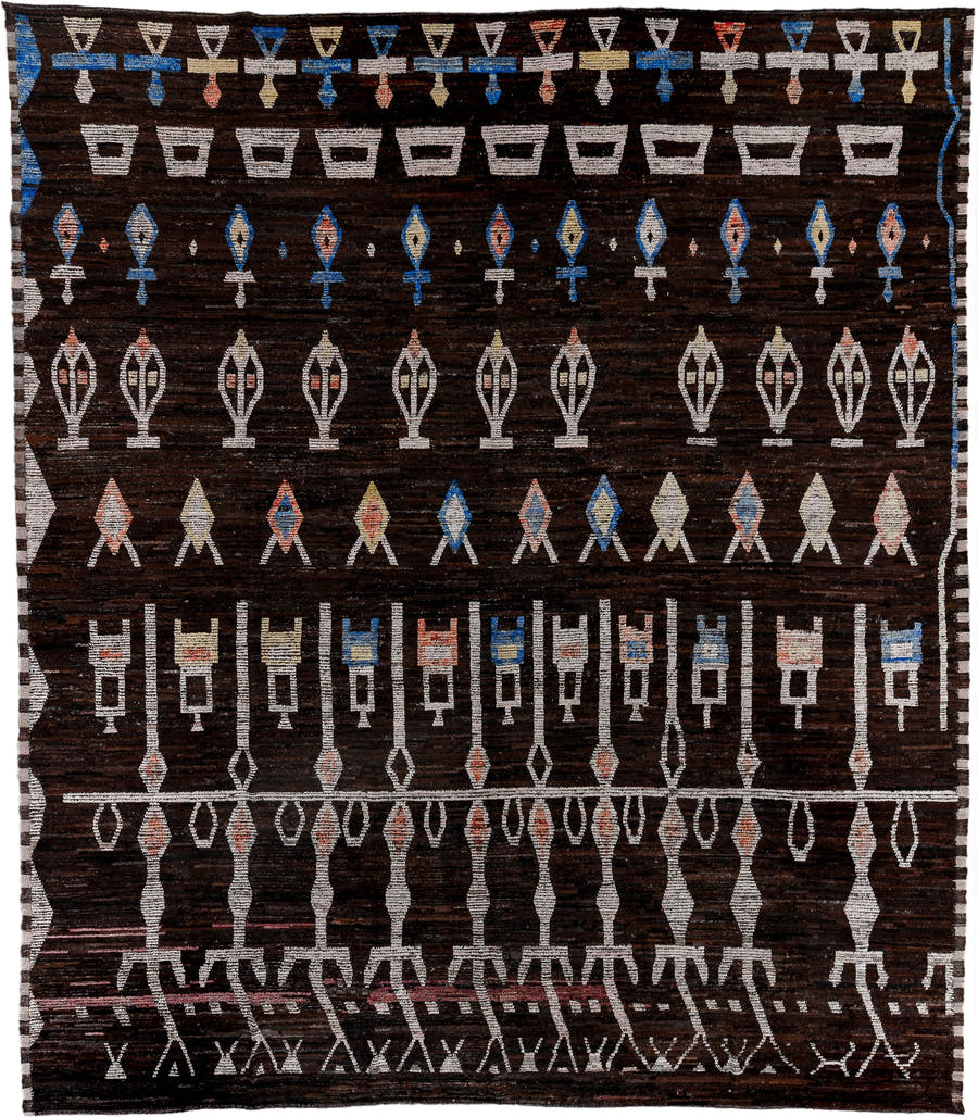 14' x 16' one-of-a-kind handmade vintage Tulu oversize rug. Color palette: brown, ivory, blue, tan, coral, charcoal, beige