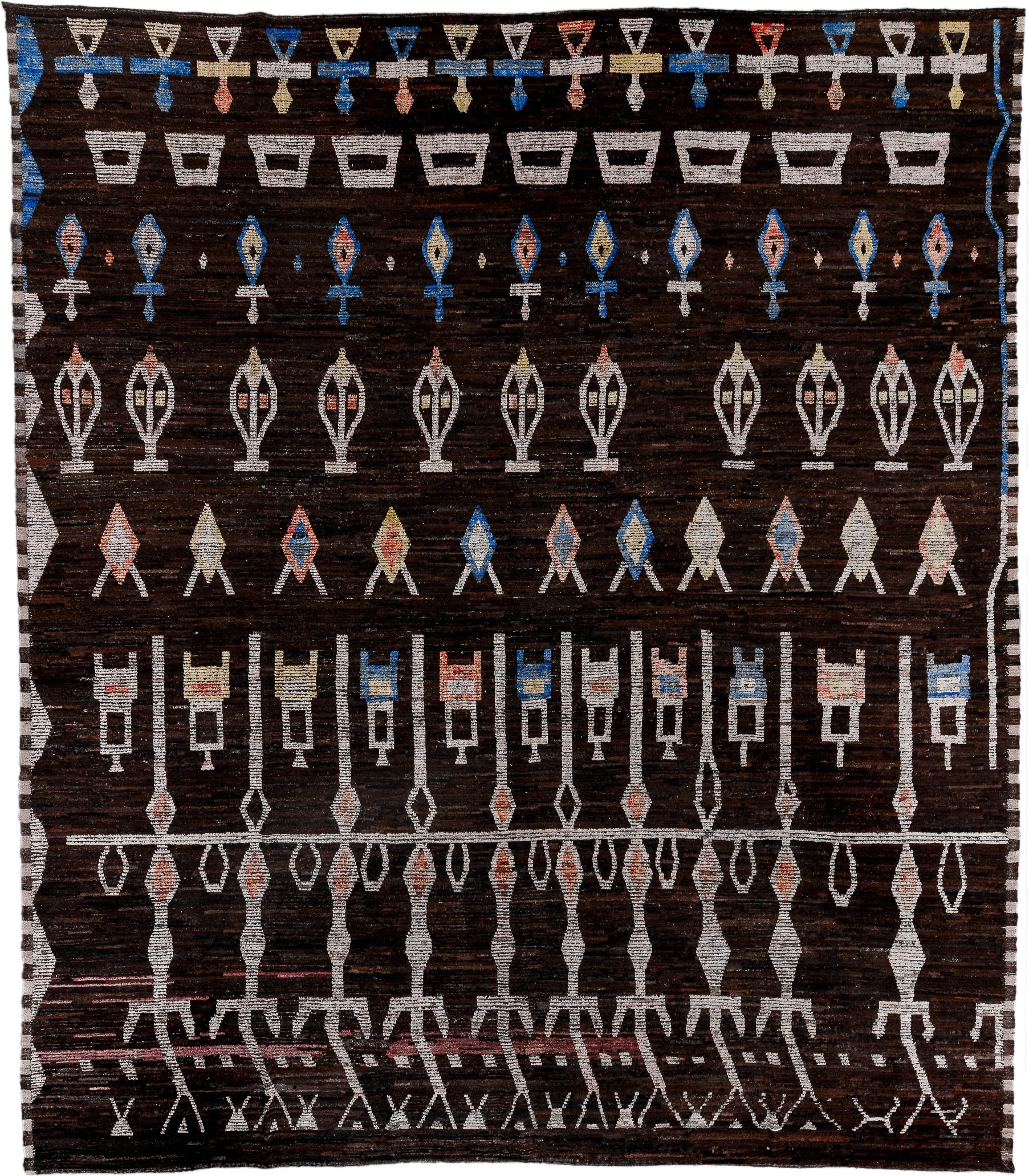 14' x 16' one-of-a-kind handmade vintage Tulu oversize rug. Color palette: brown, ivory, blue, tan, coral, charcoal, beige