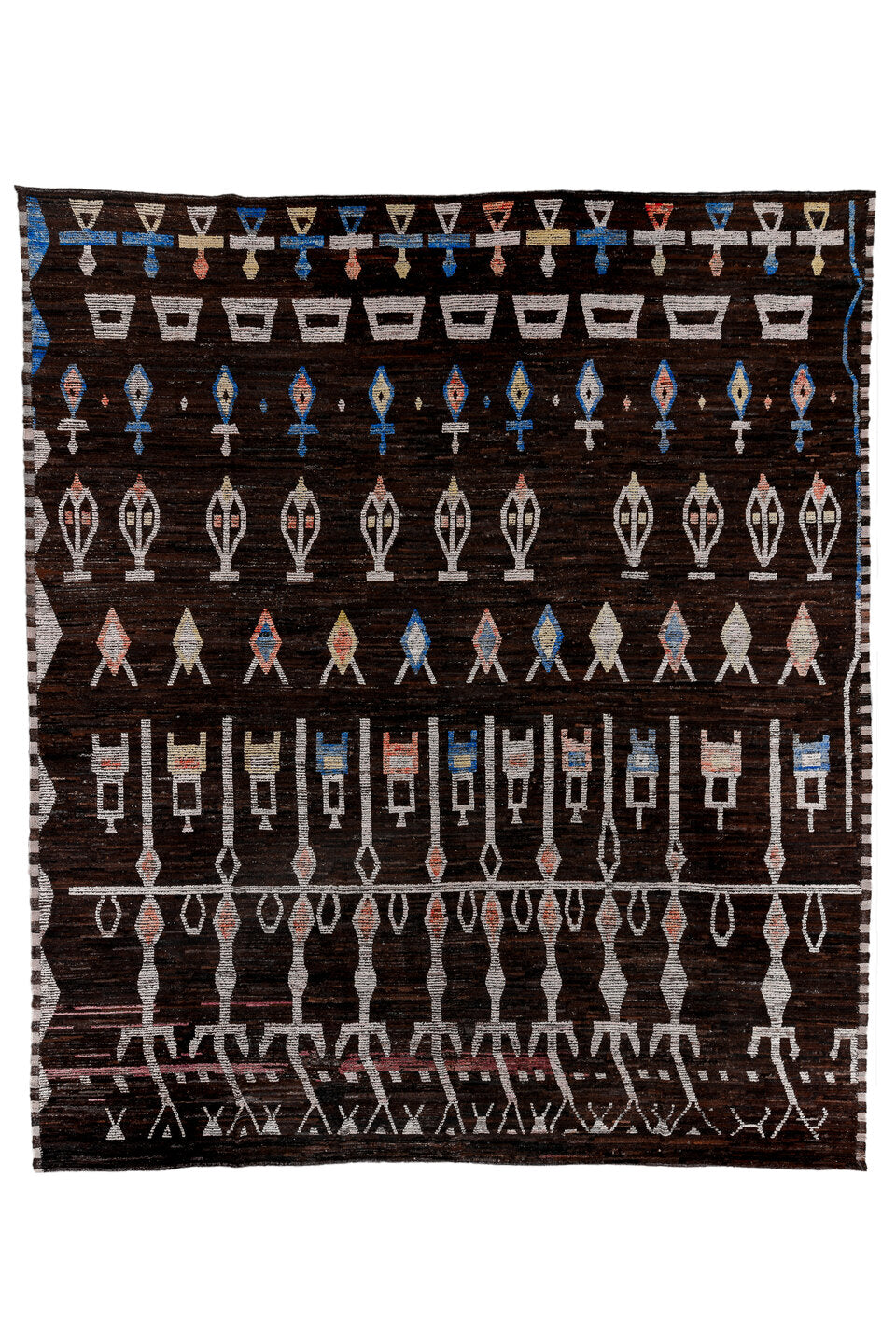 14' x 16' one-of-a-kind handmade vintage Tulu oversize rug. Color palette: black, blue, brown, charcoal, gainsboro, gray