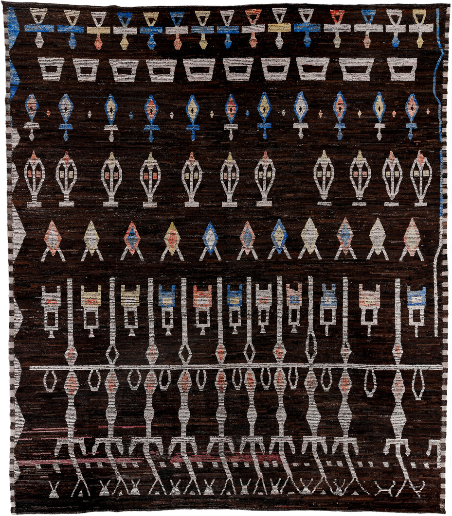 14' x 16' one-of-a-kind handmade vintage Tulu oversize rug. Color palette: brown, ivory, blue, tan, coral, charcoal, beige