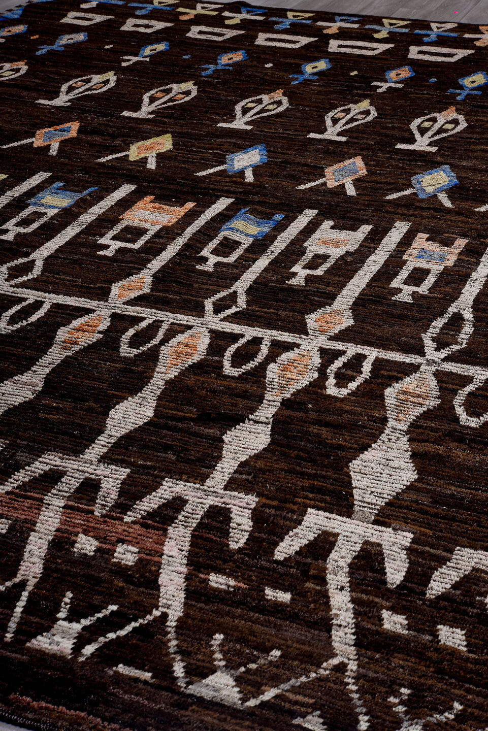 14' x 16' one-of-a-kind handmade vintage Tulu oversize rug. Color palette: brown, ivory, blue, tan, coral, charcoal, beige